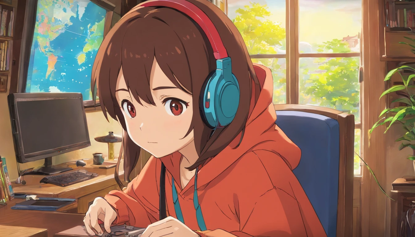 Wearing headphones An art style to be admired A delicate and beautiful style reminiscent of Ghibli anime Vibrant and attractive colors Screenshot-like imagery reminiscent of anime films A work of art to be admired Dark hair and brown eyes Holding a smartphone Wearing a hoodie Sitting in a chair by a window Profile view