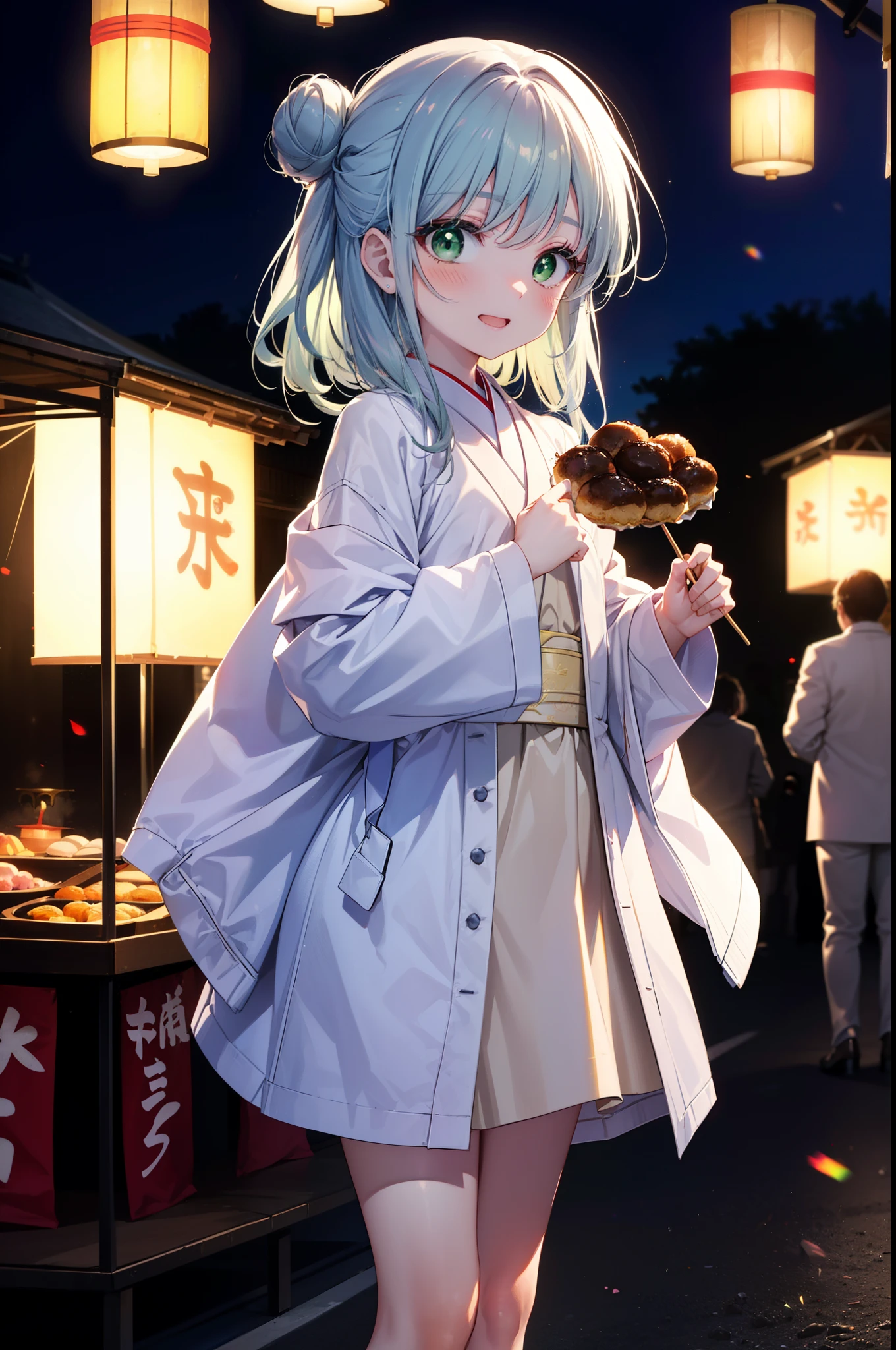 index, index, (Green Eyes:1.5), Blue Hair, Long Hair, (Flat Chest:1.2),smile,blush,Happy atmosphere,Open your mouth,Long Hair,Hair Bun, double Hair Bun,White bathrobe,Long sleeve,mini skirt,Sandals,White tabi,night空の花火,Fireworks display,Japanese Festivals,Summer festival food stalls,Red Lantern, night,whole bodyがイラストに入るように,Looking down from above,He is holding cotton candy in his right hand,
break outdoors, shrine, break looking at viewer,whole body,(Cowboy Shot:1. 5)
break (masterpiece:1.2), highest quality, High resolution, unity 8k wallpaper, (shape:0.8), (Beautiful and beautiful eyes:1.6), Highly detailed face, Perfect lighting, Extremely detailed CG, (Perfect hands, Perfect Anatomy),