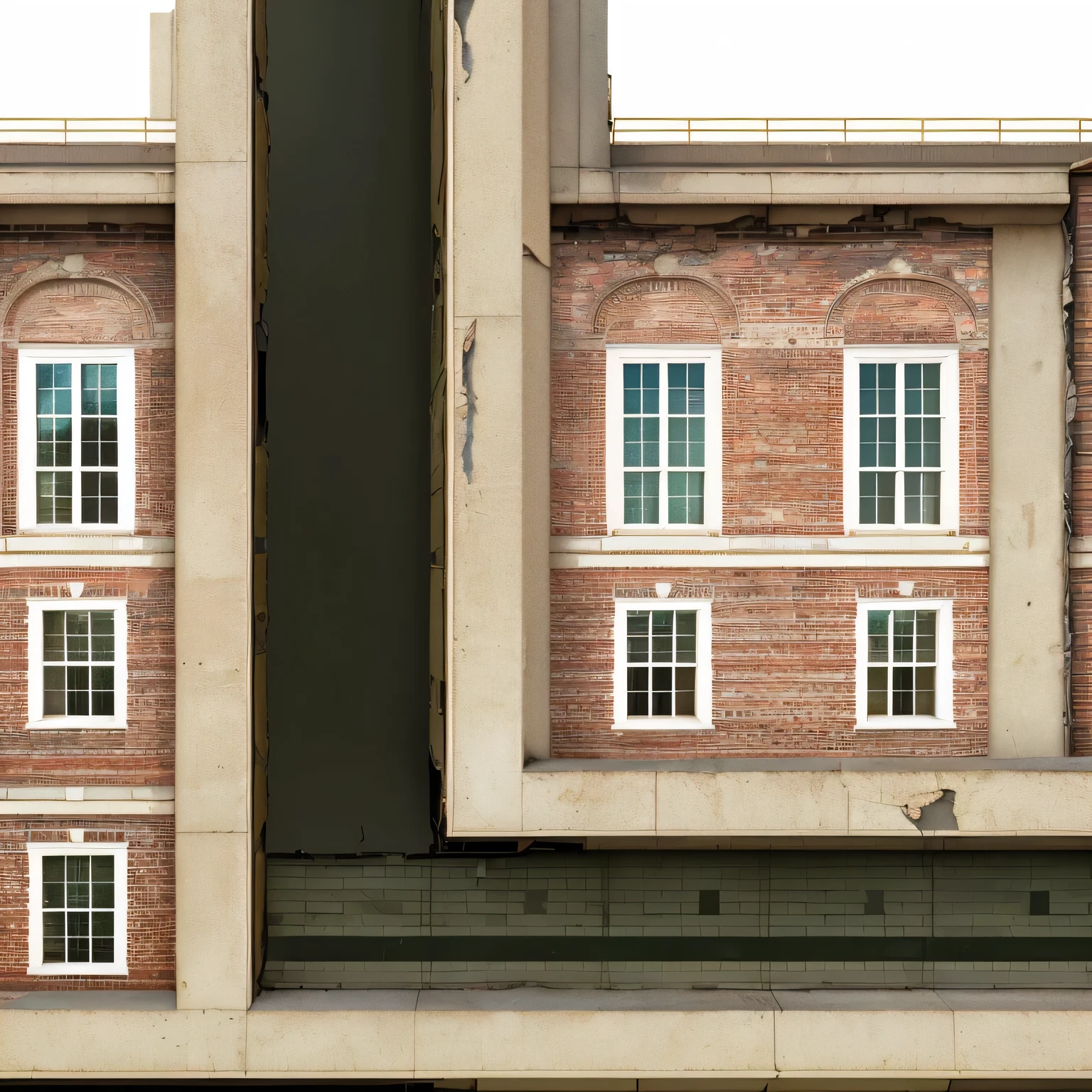 a side view of a building with two windows and a clock on top, highly detailed realistic architectural photography, inspired by Matthias Jung, surreal impossible architecture, extremely detailed rendering, hyper-realistic architectural photograph, detailed building exterior, rising between buildings has a photo of a building,There is a clock on it, Architectural realism, Realistic buildings, Extremely detailed architecture, Building exterior, Freddy Mamani Sylvester front view, brick buildings, Architectural artwork, High resolution and detail, Photo Rendering, Inspired by Robert Bechtel, Realistic street scenes, Highly detailed composition, Realistic architecture, Front view,Abandoned schools,Lots of broken details,8k resolution,Very fine,Wall damage,The wall is covered with lichens,Doomsday Effect