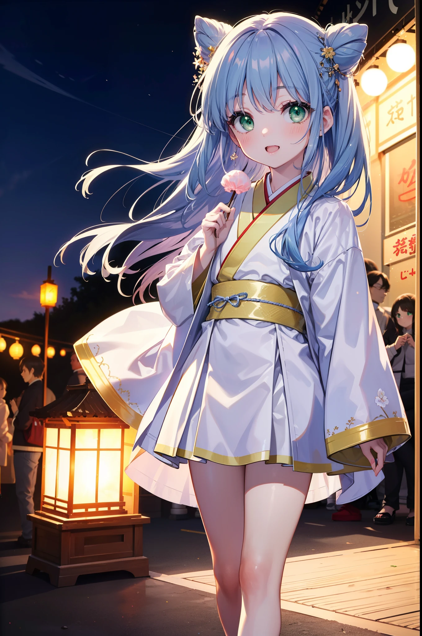 index, index, (Green Eyes:1.5), Blue Hair, Long Hair, (Flat Chest:1.2),smile,blush,Happy atmosphere,Open your mouth,Long Hair,Hair Bun, double  Hair Bun,White bathrobe,Long sleeve,mini skirt,Sandals,White tabi,night空の花火,Fireworks display,Japanese Festivals,Summer festival food stalls,Red Lantern, night,whole bodyがイラストに入るように,Looking down from above,He is holding cotton candy in his right hand,
break outdoors, shrine,                                              break looking at viewer,whole body,(Cowboy Shot:1. 5)
break (masterpiece:1.2), highest quality, High resolution, unity 8k wallpaper, (shape:0.8), (Beautiful and beautiful eyes:1.6), Highly detailed face, Perfect lighting, Extremely detailed CG, (Perfect hands, Perfect Anatomy),