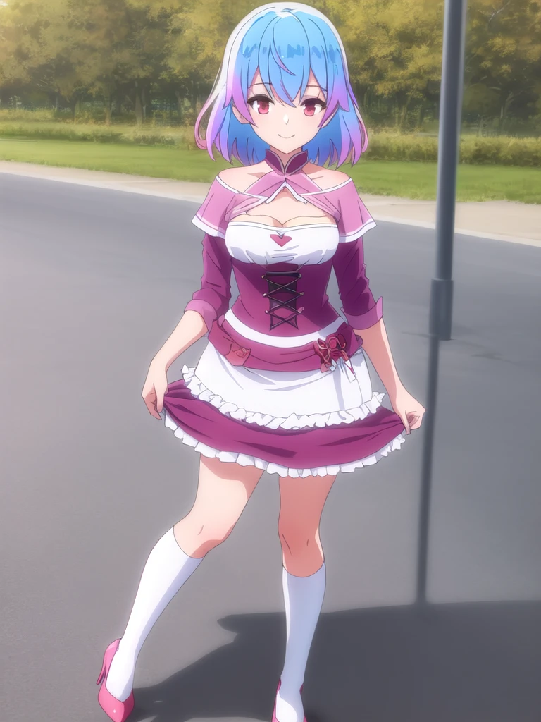((Best quality))), ((Ultra-detailed)), ((illustration)), ((Disheveled hair)), ((frilld)), (1 girl), (Solo), 1girl, looking_at_viewer, solo, standing, rating:safe, , capelet, cleavages_pull, clothing, dress, female, footwear, high_heels, short_hair, makaria, shoes, skirt, skirt_hold, skirt_lift, skirt_pull, smile, white_dress, pink_footwear, pink_shoes blue_hair,red_eyes,