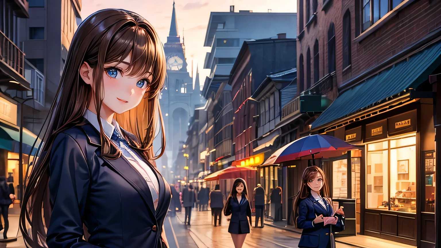 highest quality、Upper Body、Highest quality、Detailed facial expressions、((One beautiful woman、alone))、((Brown haired woman:1.3))、Light brown hair、Beautiful straight long hair、Busty women、((blazer:1.2))、Dark Blue Skirt、Big smile、At dusk、Street Corner、