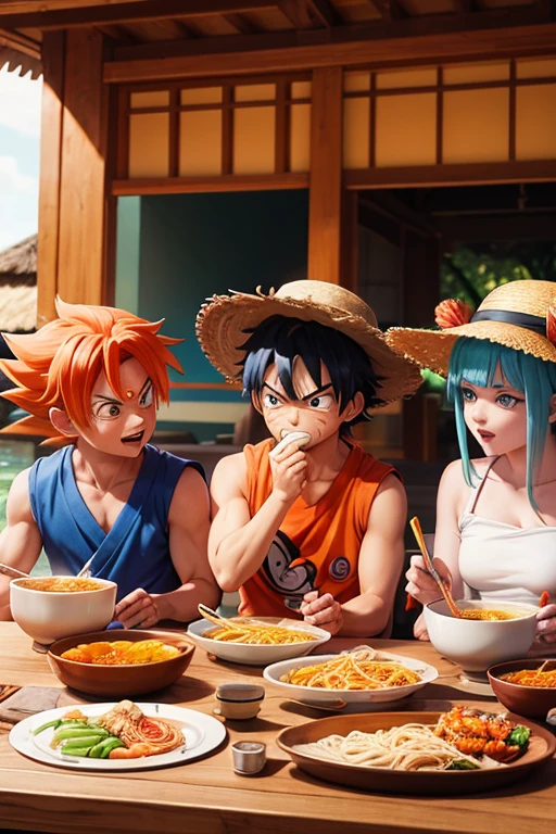 naruto kurama mode, goku ultra instinct blue, luffy with yellow straw hat eating ramen together and the 3 of them happy