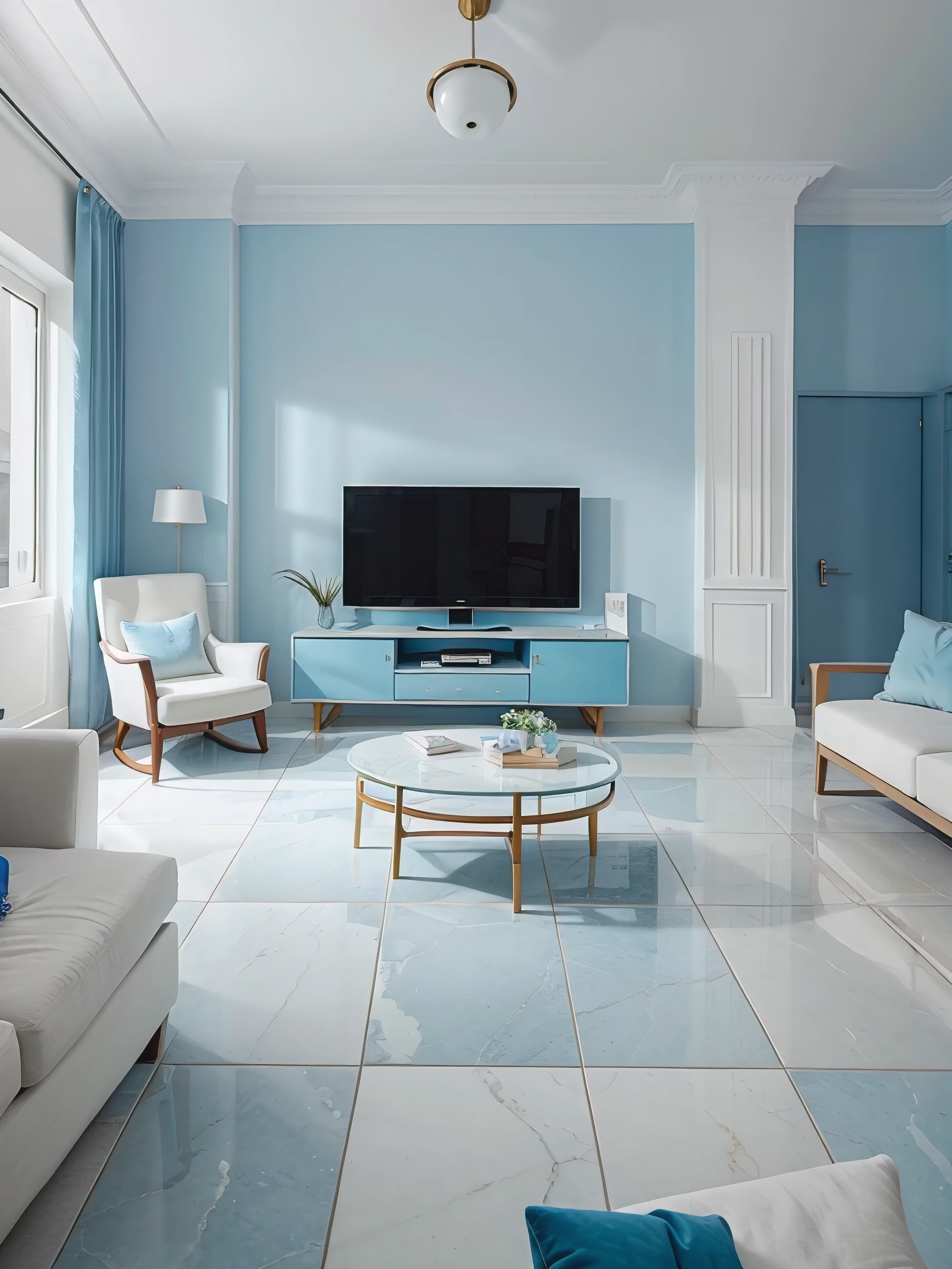 arafed living room with blue couches and a tv, popular interior design style, soft blue living room, sky blue and white color scheme, modern living room, living room interior design, interior design living room, marble room, blue accents, blue and white color scheme, white and blue color scheme, modern style, blue and white color scheme, interior design, loose tiles