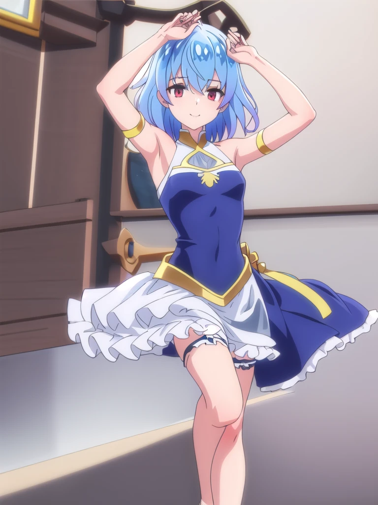 ((Best quality))),((Ultra-detailed)),((illustration)),((Disheveled hair)),((frilld)),(1 girl),(Solo), 1girl,solo,rating:safe,armband,armpits,arms_up,ballerina,ballet,ballet_slippers,bare_arms,bare_shoulders,black_dress,black_footwear,blue_ribbon,breasts,circle_skirt,cleavage,clothing,crossed_legs,crown,dress,pointe,female,garter,hair_bun,hair_rings,headwear,legs,looking_at_viewer,makaria,plantar_flexion,ribbon,see-through,short_hair,single_hair_bun,small_breasts,smile,standing_on_one_leg,standing,tiara,tied_hair, blue_hair,red_eyes,