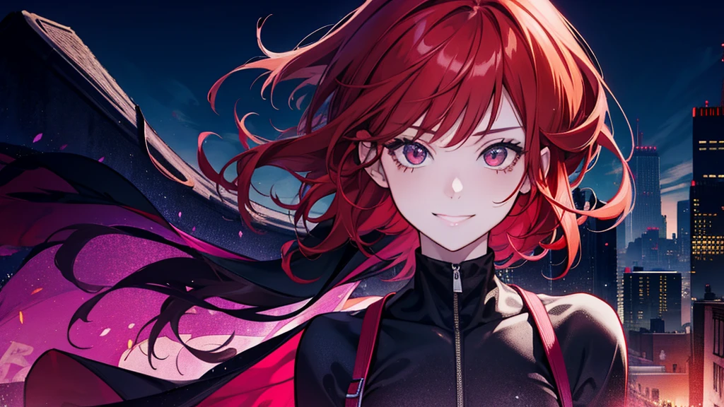 1 girl, alone, Dark Redhead, Amazing Girl, Fascinating, modern city night background, student, bad girl, Cute smile,
