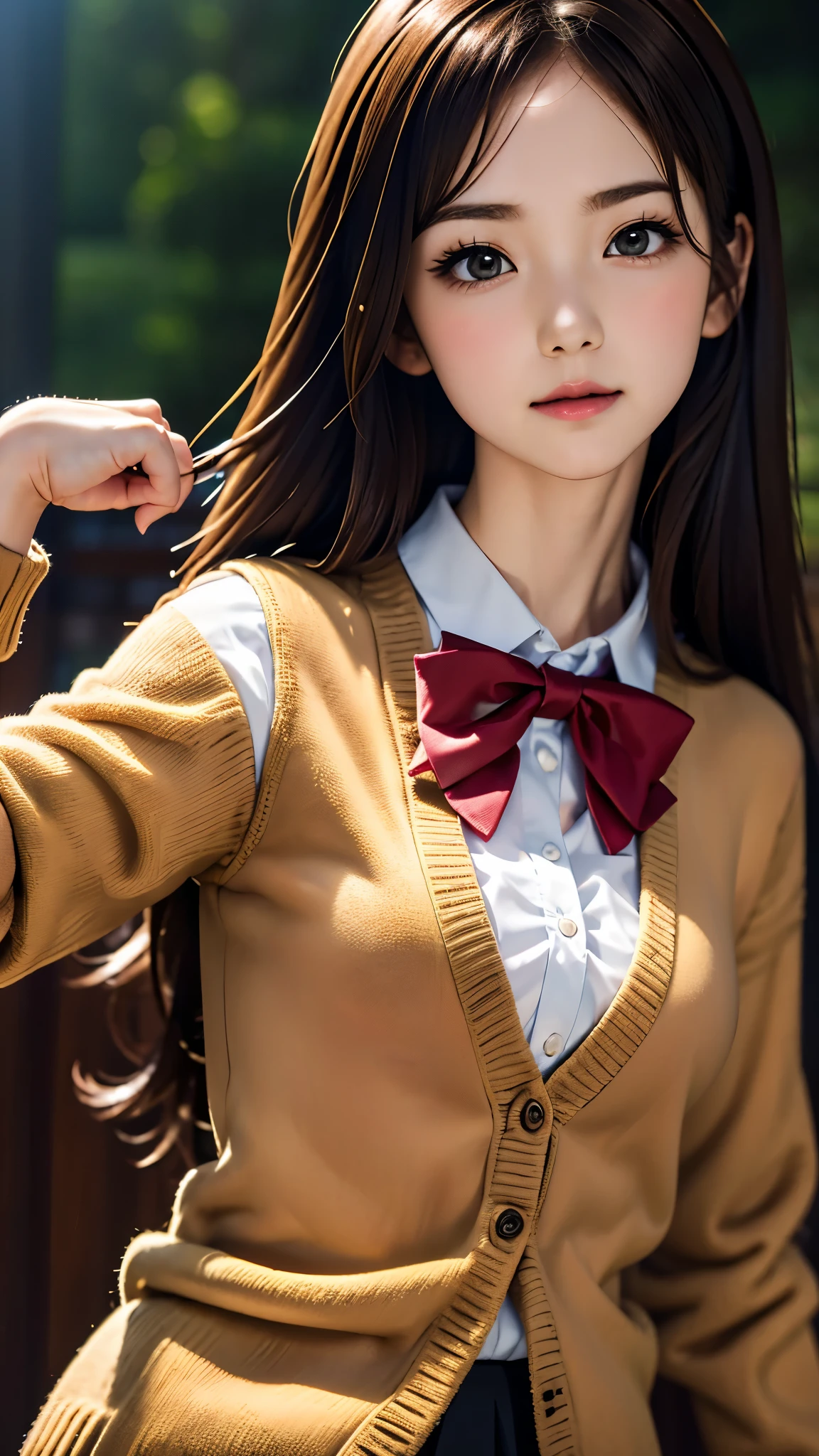 ((Tabletop, highest quality, High resolution, Hmph, Pixel perfect, Written boundary depth, 4K, Hmph, Hmph))), 1 girl, single, alone, Beautiful Anime Girls, Beautiful art style,, ((Long Hair, bangs, Dark brown hair, Curly Hair:0.8)), ((Green Eyes:1.4、Realistic eyes)), ((Detailed face, blush:1.2)), ((Smooth texture:0.75, Realistic texture:0.5, Anime CG Style)), Medium chest, Dynamic Angle, Small breasts, Perfect body, Dynamic pose, ((Red bow tie, , Black jacket, Open jacket, Brown cardigan, White shirt, Black Skirt, Checked skirt)), smile, Open your mouth, Put your arms behind your back, Leaning forward, Amalment Park, ((close, throw, cute, Shoot in the face))