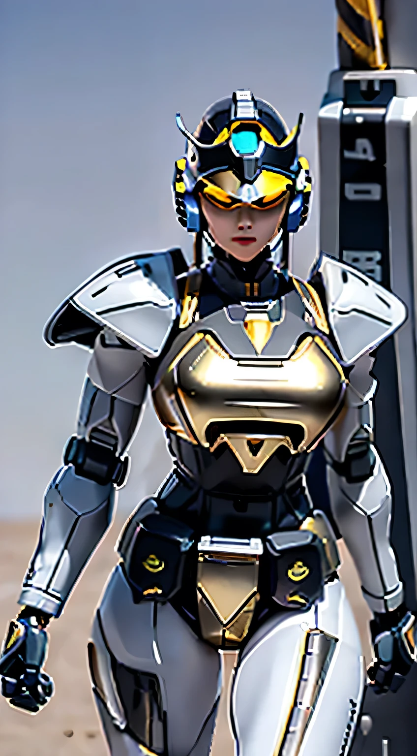 Female Robocop Solo、Bright outdoors、strong light source、8k, high quality, masterpiece, 最high quality、Very detailed、Full body armor、Very large armor、Helmet covering the head、Clear photos、The eyes are pale, Straight Goggles:1.3、The lower half of the face is meat:1.5、Human skin is exposed from the nose to the face.:5.0、Seductive lips、Clear yellow metallic armor、Armor that completely covers the chest、length, Thin legs、Clear, poseable body views,Big and ample breasts:1.5, (Sports Body:1.5)、Five Fingers、Photos of the city