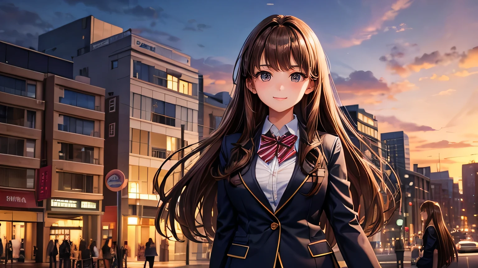 highest quality、Upper Body、Highest quality、Detailed facial expressions、high school girl、((One beautiful woman、alone))、((Brown haired woman:1.3))、Light brown hair、Beautiful straight long hair、Busty women、((blazer:1.2))、Dark Blue Skirt、Big smile、At dusk、Street Corner、Beautiful sunset、