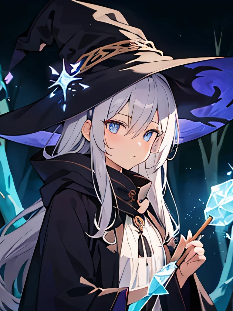dark forest background, silver hair, female witch, witch robes, big witch hat, purple silk, wooden wand, icy aura, light blue eyes, cold expression