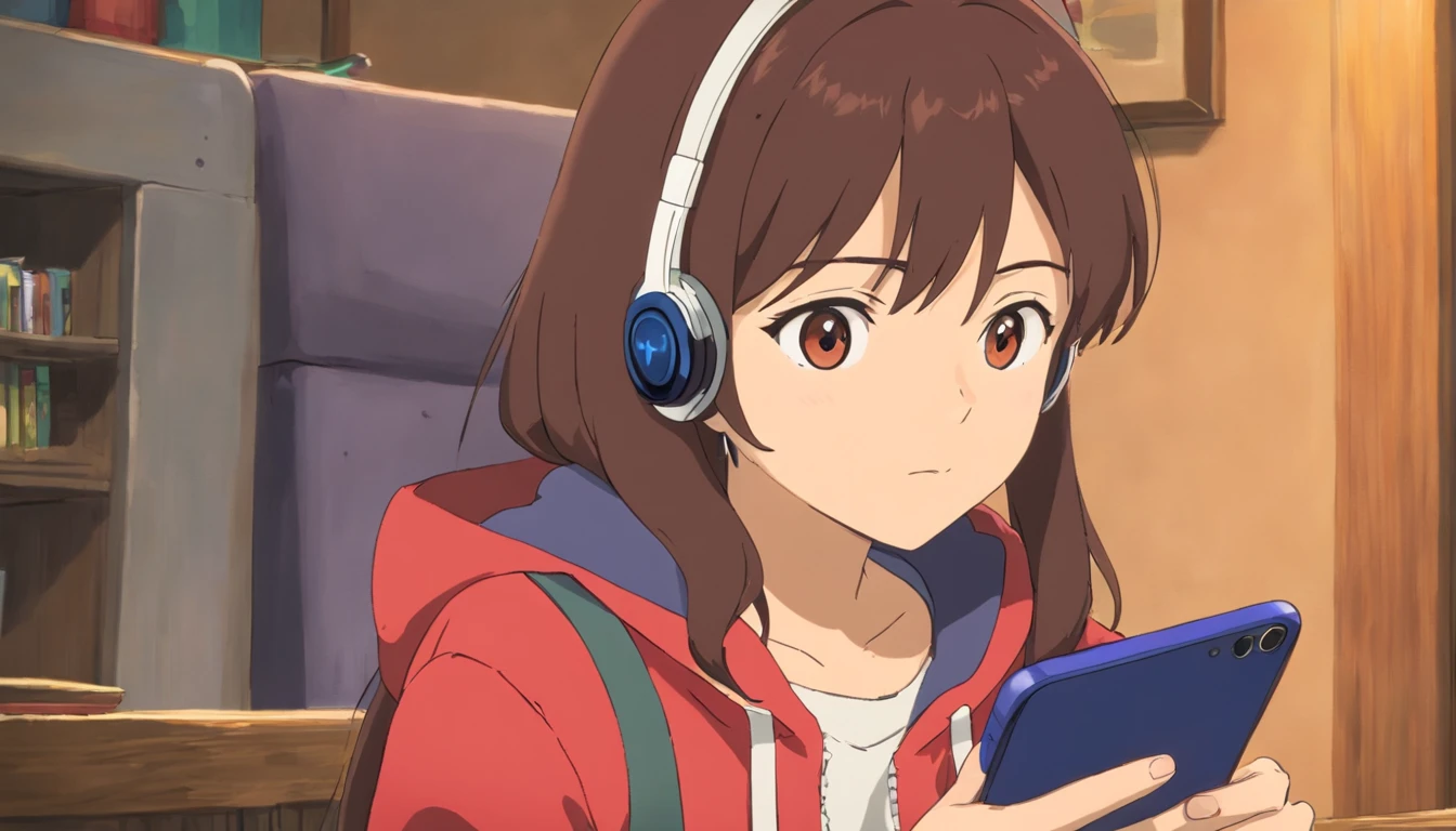 Wearing headphones An art style to be admired A delicate and beautiful style reminiscent of Ghibli anime Vibrant and attractive colors Screenshot-like imagery reminiscent of anime films A work of art to be admired Dark hair and brown eyes Holding a smartphone Wearing a hoodie Sitting in a chair by a window Profile view