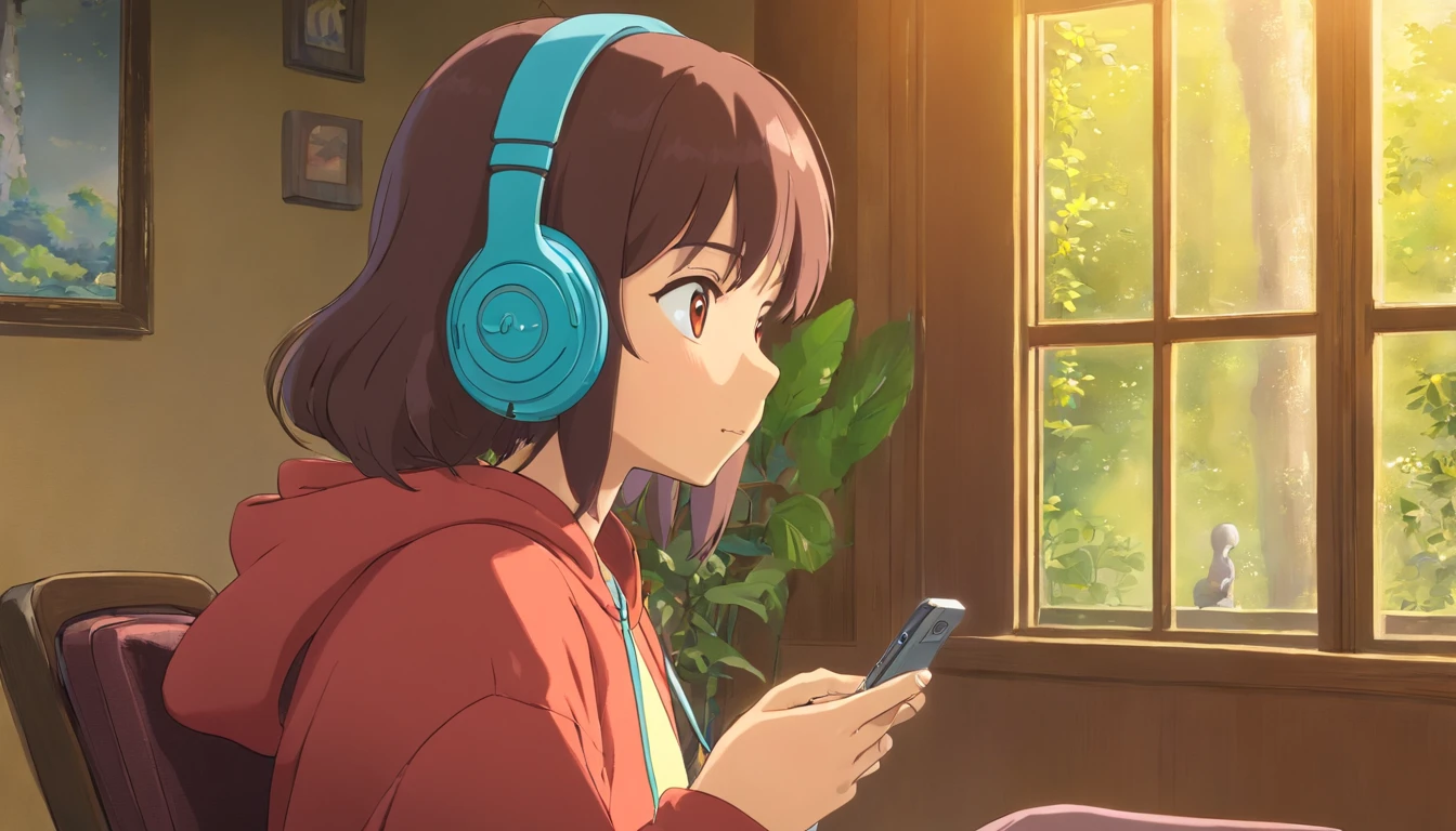Wearing headphones An art style to be admired A delicate and beautiful style reminiscent of Ghibli anime Vibrant and attractive colors Screenshot-like imagery reminiscent of anime films A work of art to be admired Dark hair and brown eyes Holding a smartphone Wearing a hoodie Sitting in a chair by a window Profile view