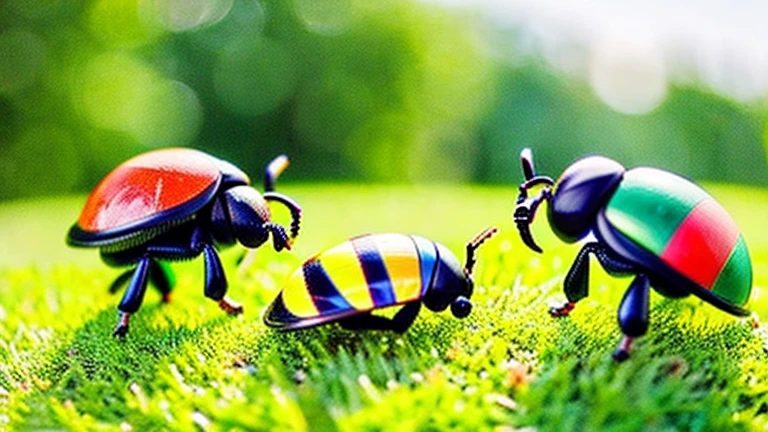 Children playing with beautiful beetles in the grassland、Children playing with beautiful beetles in the grassland、Colorful Mushiking