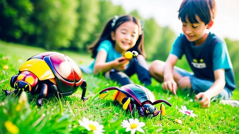 Children playing with beautiful beetles in the grassland、Children playing with beautiful beetles in the grassland、Colorful Mushiking