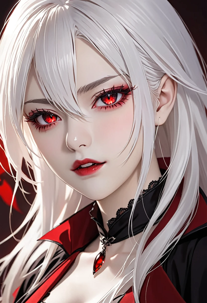 High quality, HD, details, long white hair, sharp bright red eyes color, female vampire, vampire girl, one person, single person, 