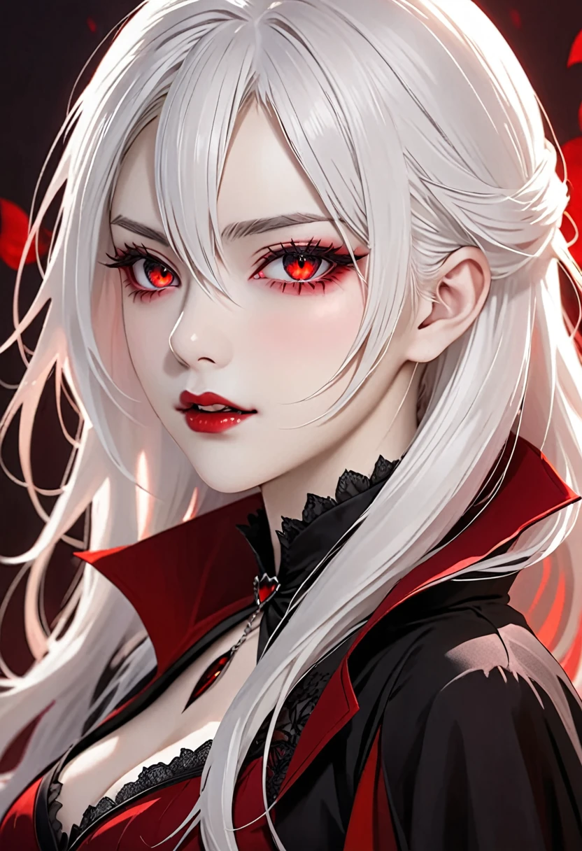 High quality, HD, details, long white hair, sharp bright red eyes color, female vampire, vampire girl, one person, single person, 