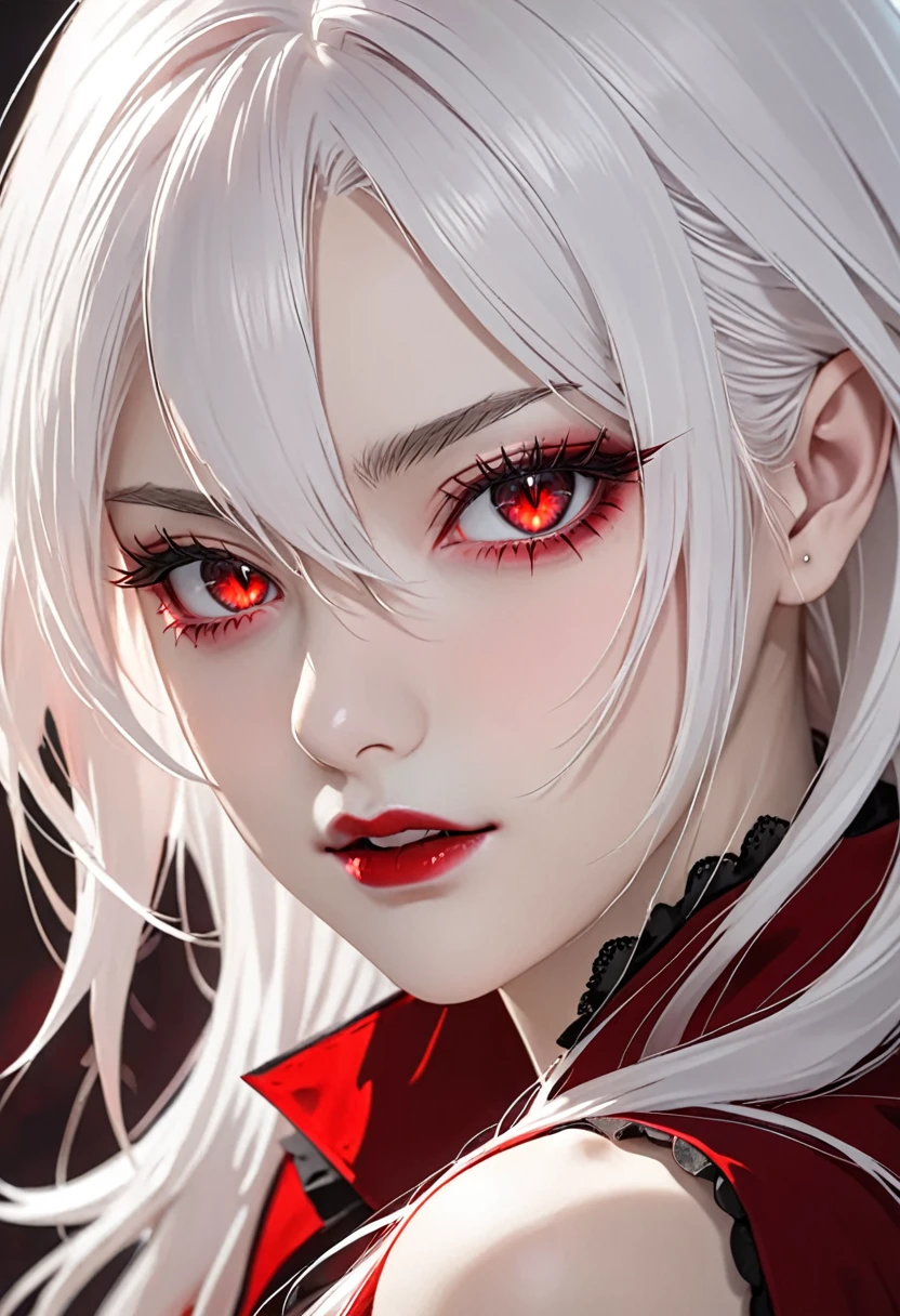 High quality, HD, details, long white hair, sharp bright red eyes color, female vampire, vampire girl, one person, single person, 