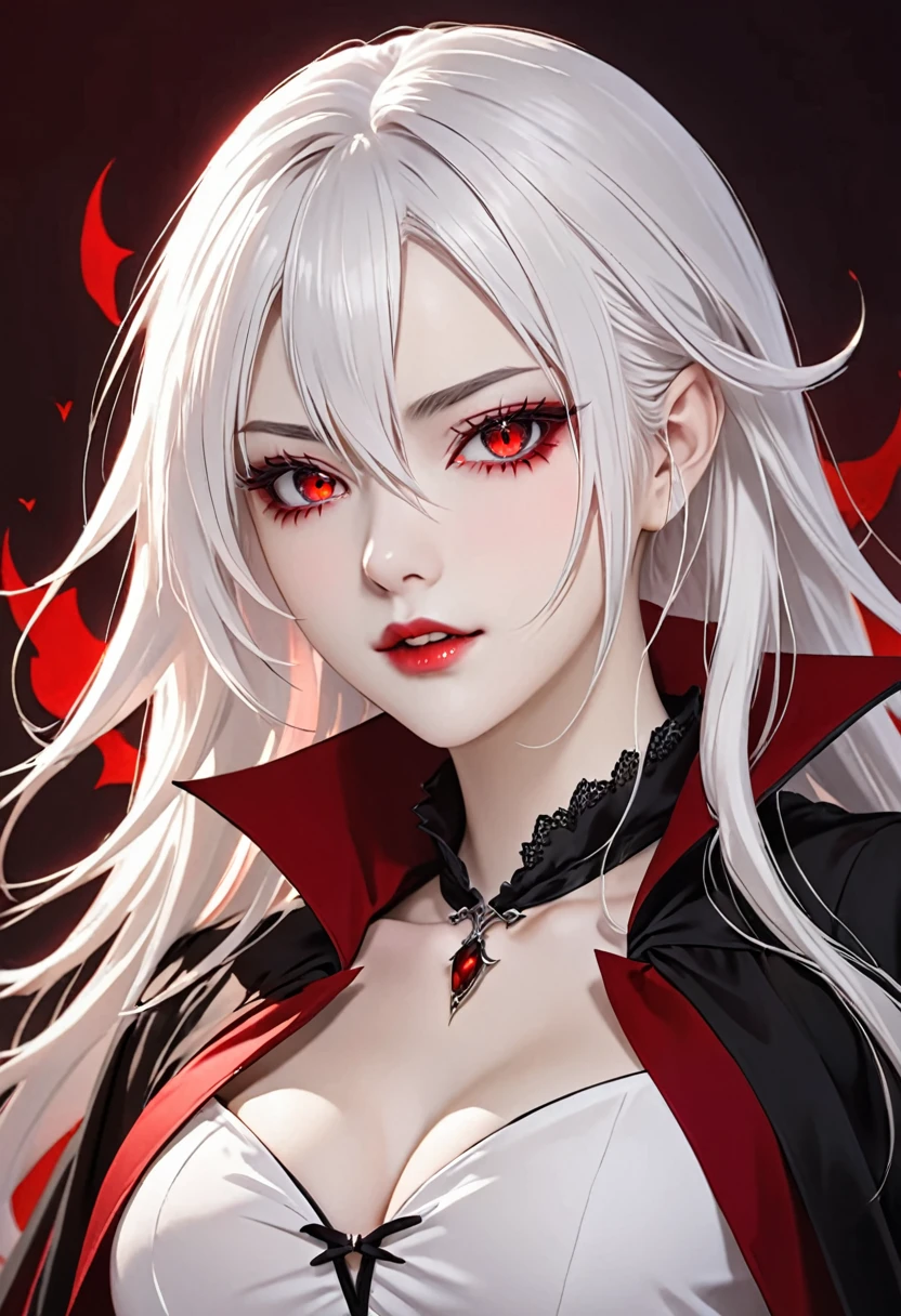 High quality, HD, details, long white hair, sharp bright red eyes color, female vampire, vampire girl, one person, single person,