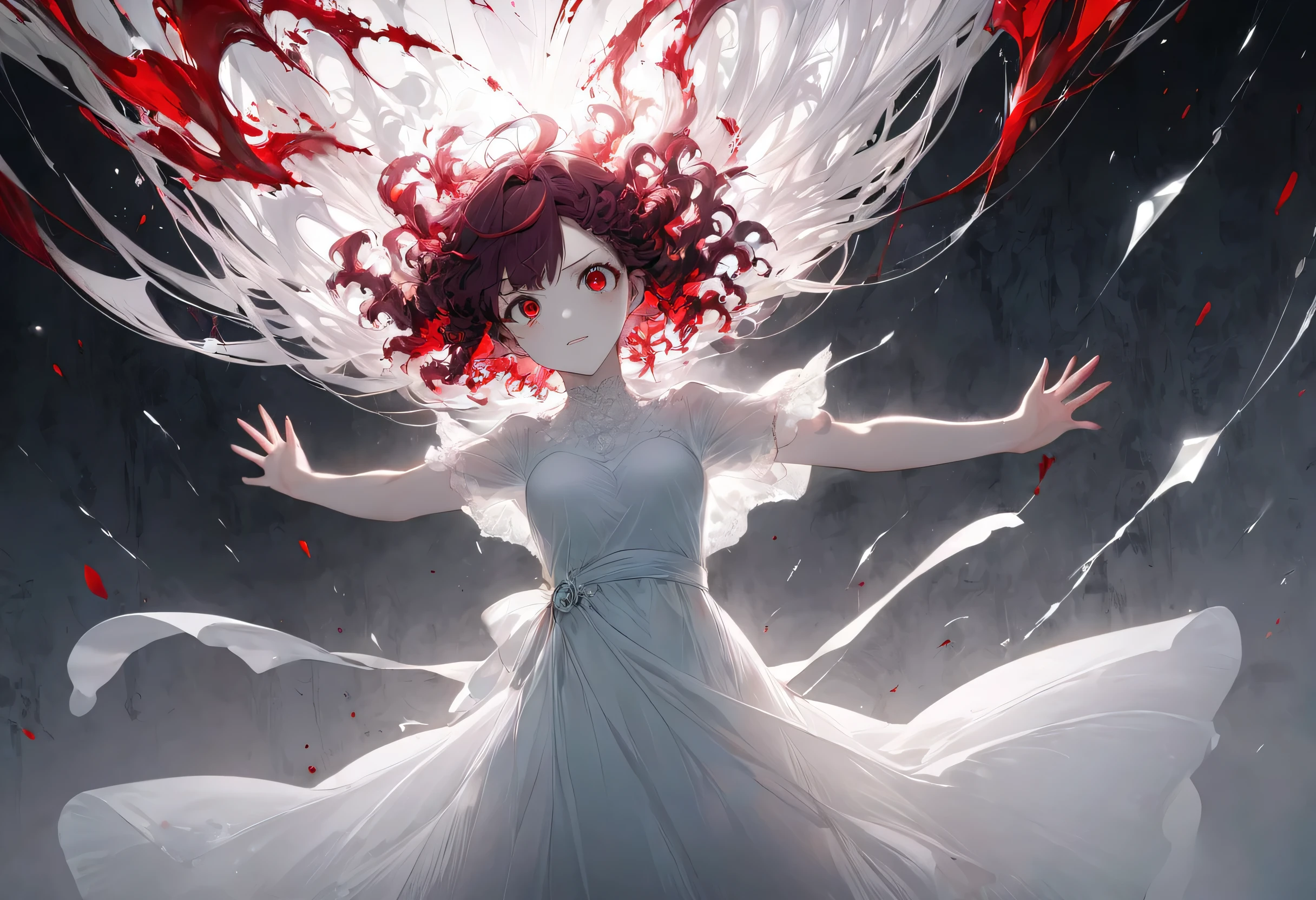 (double exposure:1.2 white-silhouette:1.4) (solo curly:1.3 hair long hair evil princess girl, evil rage:1.2 red eyes, rage:1.2 face), (open arms with blood), (in a long exposure:1.4 light:1.4 body), BREAK, (float in the white), (master piece, best quality, 16k).