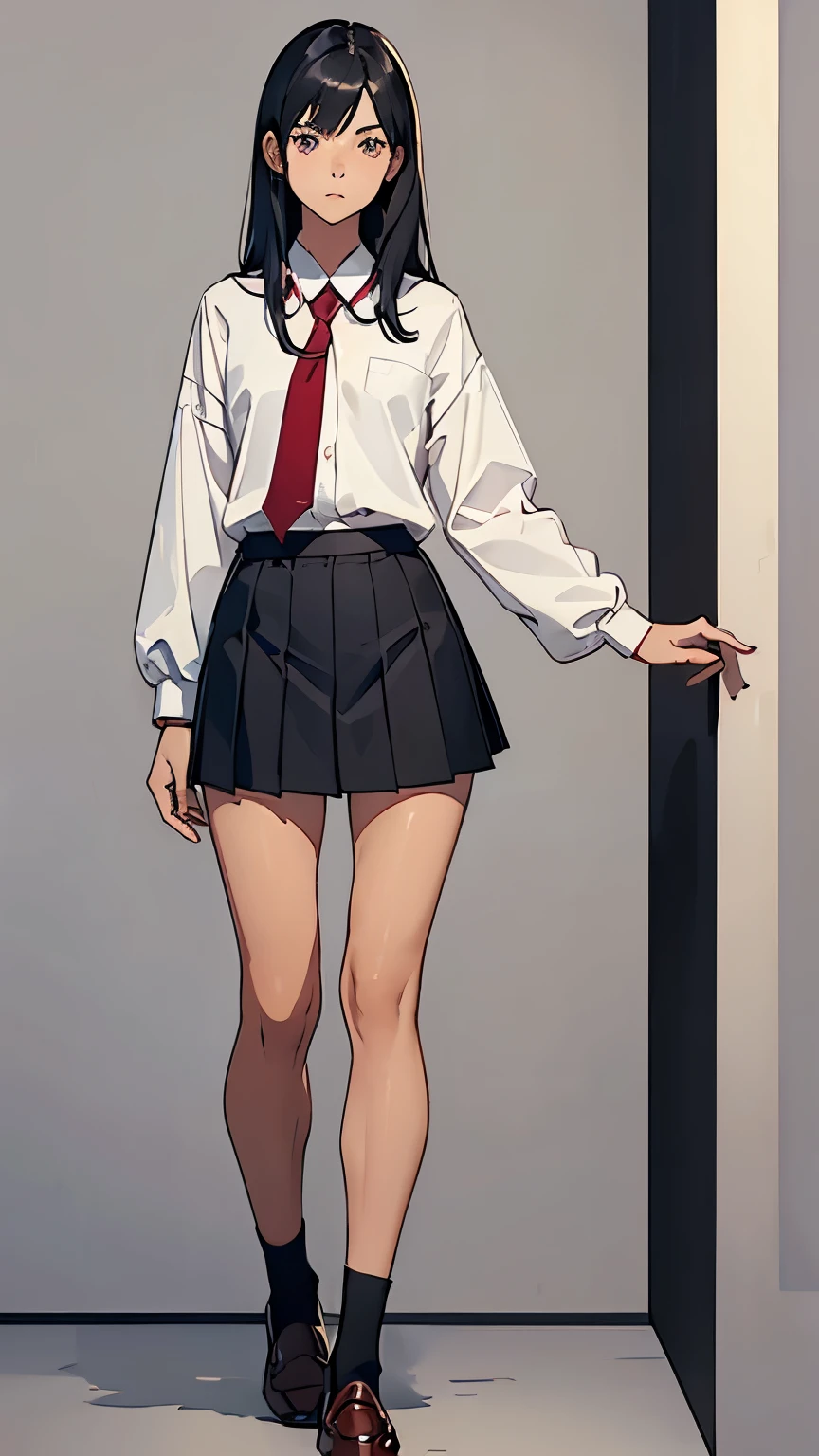 ((highest quality,4K,High resolution,masterpiece:1.2)),((Character Concept Art)), 1 female, -yeld fee, ((shoulder-length black hair)), Black Hair, (Fair skin color), Very detailed eyes (Black eye color), beautiful, Slim body, Very finely crafted fingers(((10 fingers))), White long-sleeved sailor suit, White long pleated skirt,socks, Maroon school loafers, (Standing casually), (Full-body showcase), (Show your whole body), (No logos on background), (No logo), ((Plain background)), ((Plain background)), ((Blank background))