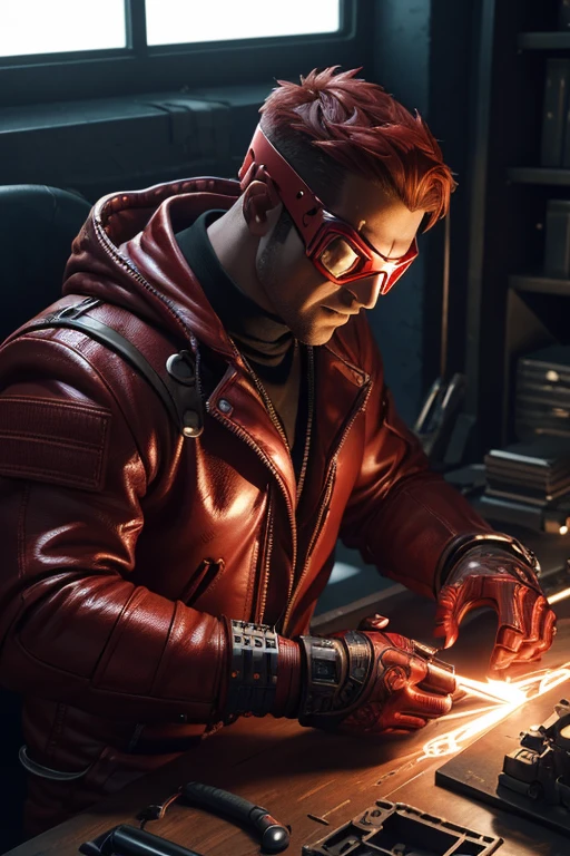 a 3d cartoon man villain, red shiny goggles, repairing mobile phone on desk, cinematic lighting, highly detailed, dynamic pose, photorealistic, 8k, masterpiece, intricate details, dramatic shadows, warm color tones, complex machinery, futuristic technology, industrial setting, dramatic angles, sharp focus, hyper-realistic textures cartoon type