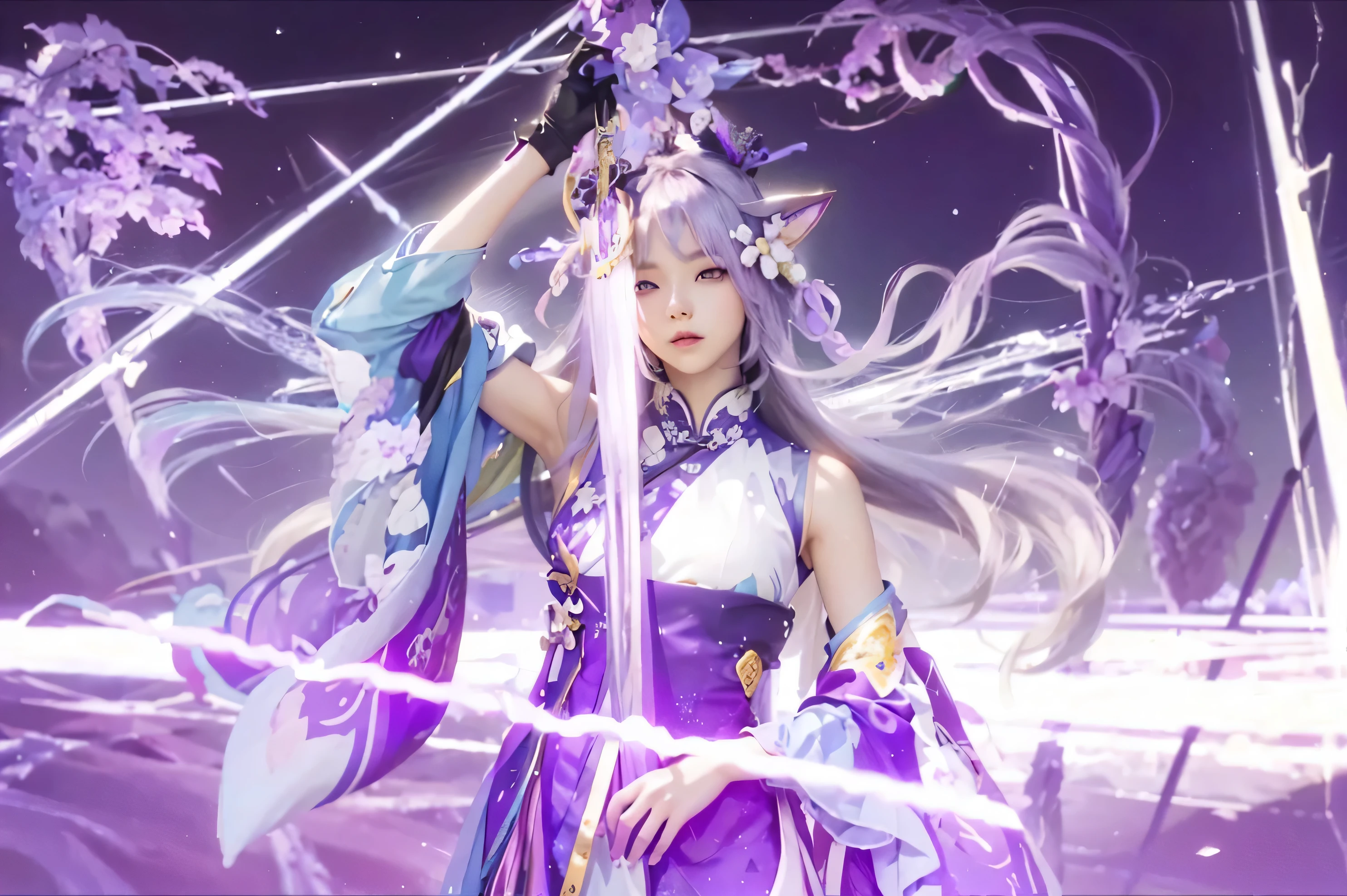 ((Genshin Impact)), ((Keqing)), ((Focus on the hips)), (black tights:1.2), traditional beauty, gorgeous chinese model, draped in purple and blue silk, with beautiful exoticism, purple hair, violet eyes, cat ears on top of head, By bicycle,, Masterpiece, Best Quality, Real Skin,(Portrait:1.5), 1girl, Long hair,（RAW photos，best qualtiy），（realisticlying，photograph realistic：1.3），best qualtiy，highly  detailed，tmasterpiece，Hyper-detailing，illustratio，1girll，The upper part of the body_Body，dynamic angle，Masterpiece Theatre of the World，Messy_Long_Hair，best qualtiy，extremely detailed CG unity 8k wal，ink，astounding，cinmatic lighting，lens_flare，Chinese style，Purple hair，strict，Purple thunderbolt,Holding a sword,((realistic, photorealistic)),(highlight hair)), Light reflection, (( HD )),((upper body)), (((best quality, masterpiece))), (masterpiece) (best quality) (detail) (8k) (HDR) (wallpaper) (cinematic lighting) (sharp focuasterpiece, best quality: 1.1), Real life adaption of this character,Handsome man , Shining green eyes, realistic outfit, realistic shadow, realistic light, realism, hyper realistic, realistic background,Realistic hair, realistic hair at the back,purple lightning,lightning triangle,Clones,