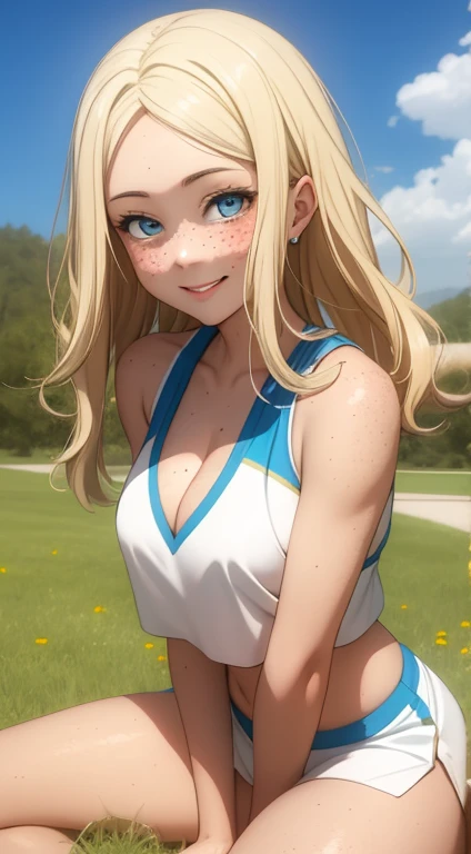 masterpiece, best quality, highly detailed, ultra high res, ayase arisa, 1girl, solo, blue eyes, hair ornament, blonde hair, long hair, looking at viewer, glossy lips, light smile, cheerleader, midriff, cleavage, grass, sitting, (knees bent), nice booty, freckles, cute, popular, makup, perfect smooth tan skin, perfect loucious hair, beautiful, sexy, cute smile, seductive, pussy