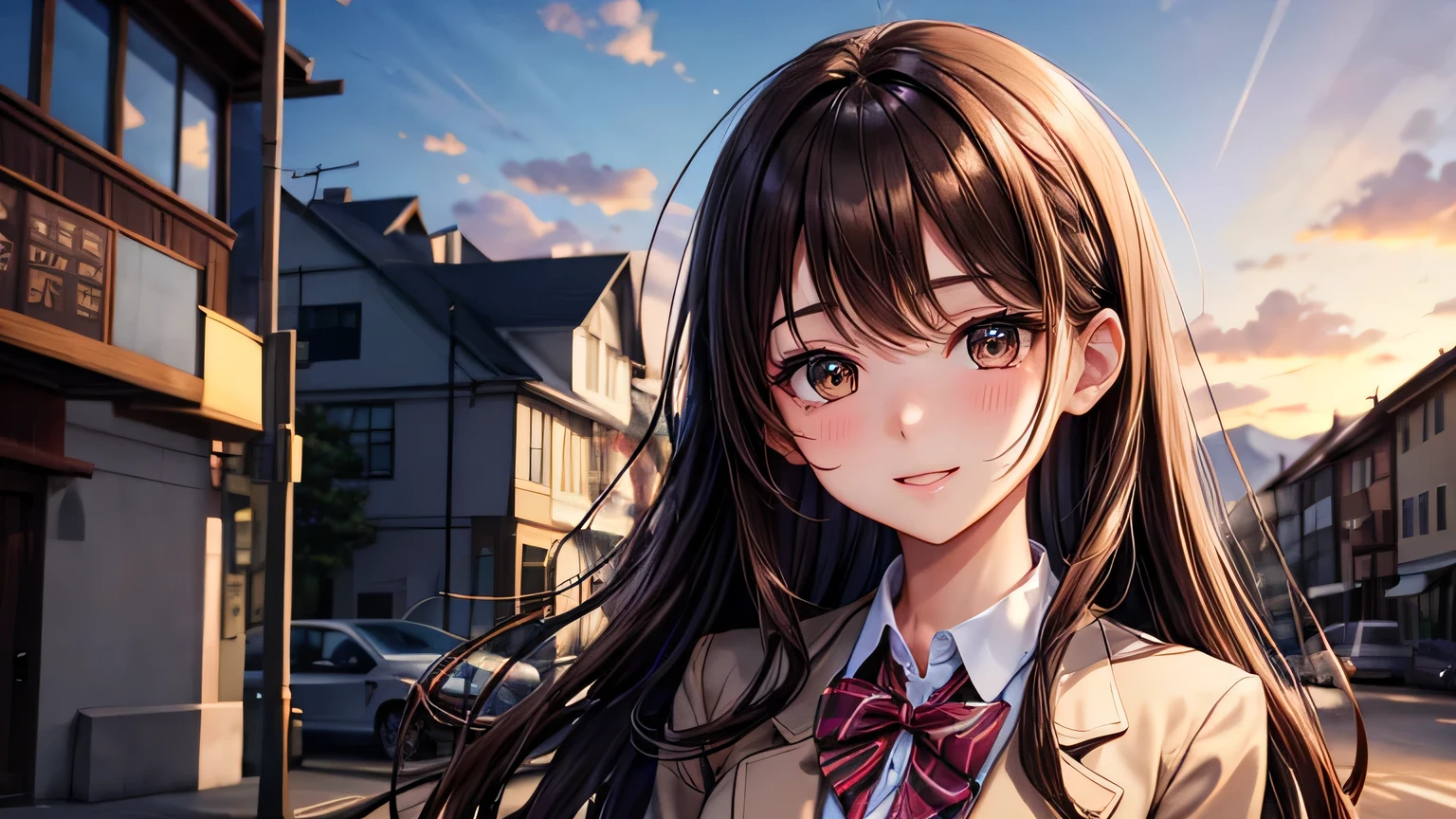 highest quality、Upper Body、Highest quality、Detailed facial expressions、high school girl、((One beautiful woman、alone))、((Brown haired woman:1.3))、Light brown hair、Beautiful straight long hair、Busty women、((blazer:1.2))、Dark Blue Skirt、Big smile、At dusk、Street Corner、Beautiful sunset、Beautiful and detailed eye depiction、Beautiful and detailed hair、Beautiful and detailed facial expressions、