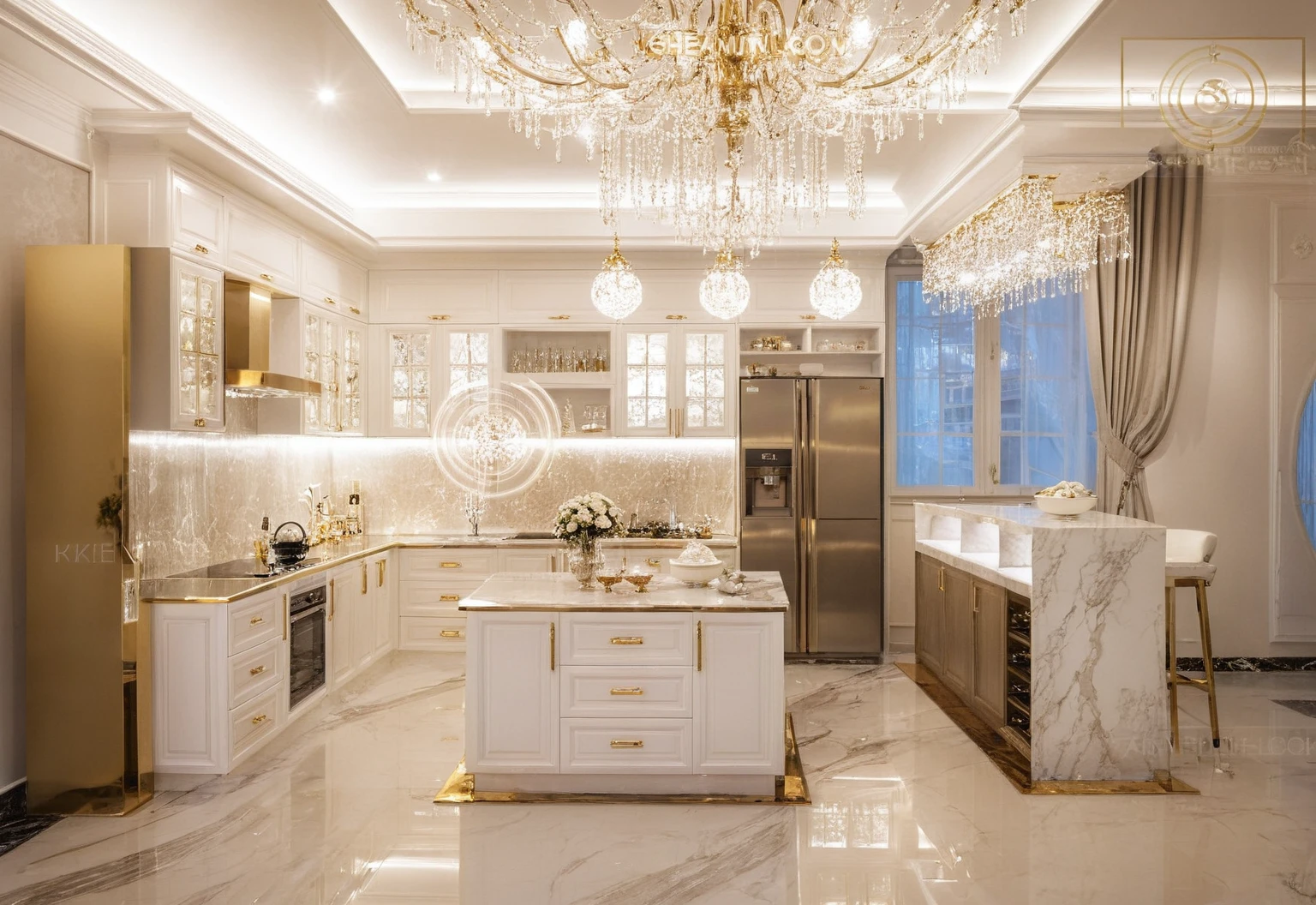 Masterpiece, Best quality,8K, Ultra-high resolution,When you step into the Kitchen and dinning room,Immediately surrounded by a rich atmosphere of luxury。Ornate crystal chandeliers hang high on the wall,Shine brightly。Kitchen island  was covered with a soft white fluffy blanket,It is so comfortable,So much so that you can't help but indulge in it。Embellished with precious porcelain and white-off gold ornaments。Whenever it is late afternoon,The afterglow from the window spilled on the floor,Soft light and shadow are reflected,It was as if entering a dreamland。