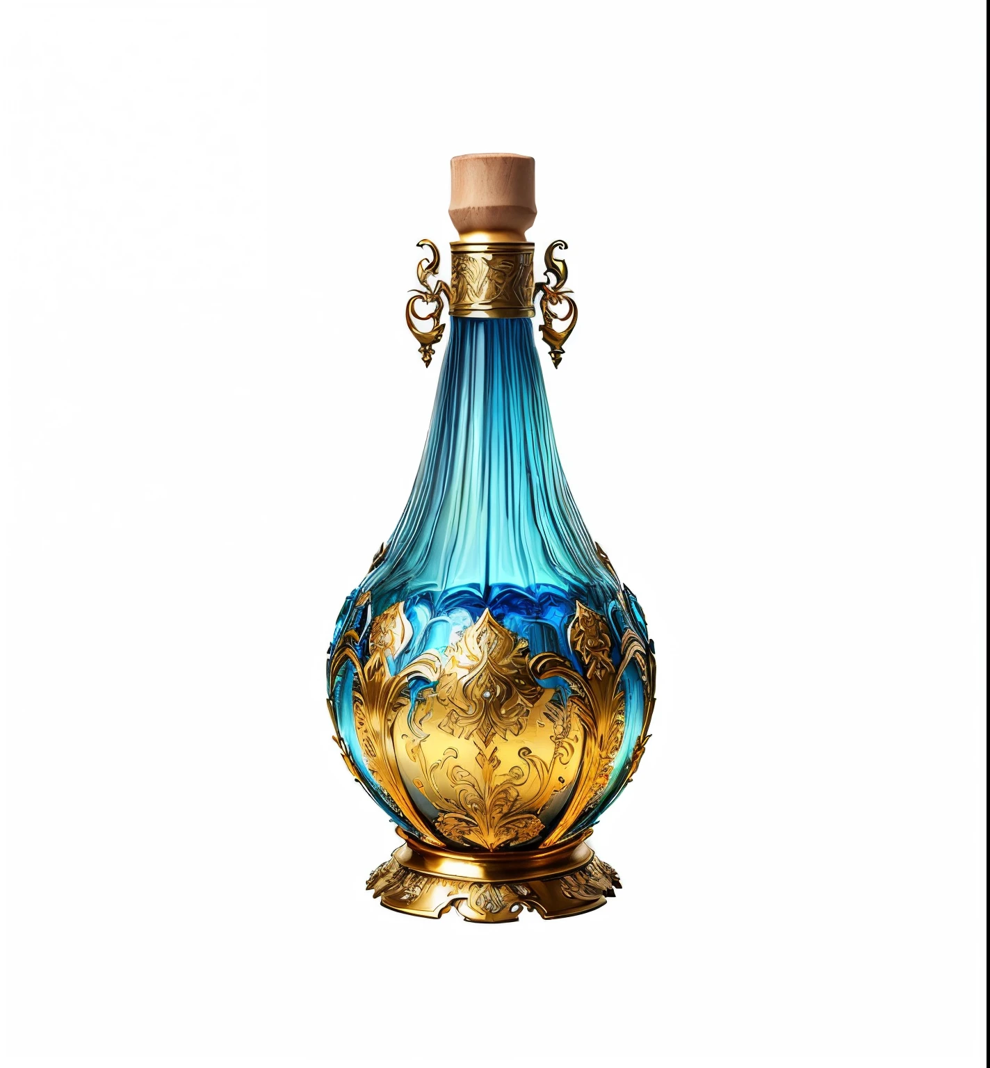 There is a blue glass bottle,There are some gold decorations on it, Art Nouveau octane rendering,Baroque style items, McFarlin : Rendering Art, A bottle of health potion, very Exquisite whiskey bottle, author:John Armleder, author:Alexander Kozis, Exquisite whiskey bottle