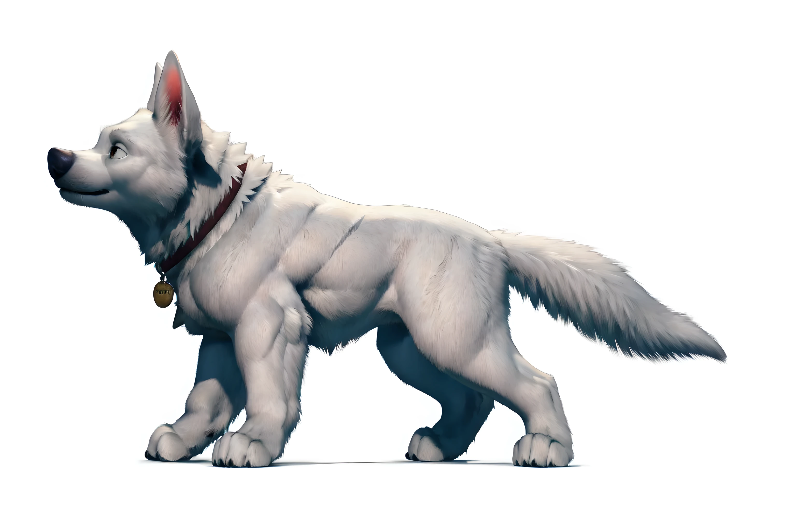 bolt the dog, adult, masculine, male, (quadruped, feral, feral dog):1.0, very muscular:1.5, muscles:1.5, (pectorals, strong chest, muscular chest):1.5, muscular shoulders, strong body, muscular neck, wide chest, taran fiddler style, virtyalfobo style, (no background, white background):1.3, realistic fur, correct lighting, correct shadows, detailed eyes, high quality, high resolution, detailed, collar, full body, muscular forelegs, muscular hindlegs, side view, white fur,