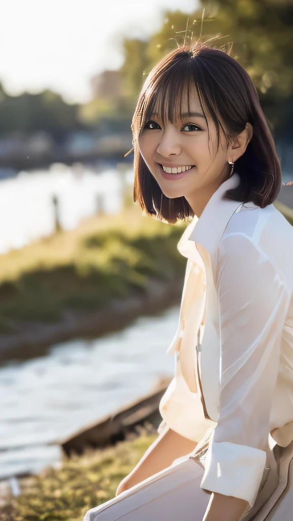 ((highest quality)), ((8k)), ((masterpiece: 1.3)), (Photorealism: 1.6), (A Japanese woman walking along the riverbank), (Outdoor), (Beautiful view of the river bank: 1.4), (Basking in the sunset from the side), (Precise appearance), (Blurred Background: 1.8), Japanese Mature, (58 years old), ((Realistic skin texture)), (Fine wrinkles appear all over the skin: 1.0), Dullness, Unmoisturized skin, Facial wrinkles, Wrinkles around the eyes, (double eyelid: 1.0), Crying Mole, Her lips are slightly open, She is smiling gently with the corners of her mouth raised, Dimples, Short bangs, short hair, Hair that is messy and windblown, Soft fabric blouse, Wide sleeves, (The bottom of the blouse is tucked into the skirt: 1.2), flare skirt, High heels, Small breasts, Small nipples, (whole body), (Angle from the feet: 1.4),