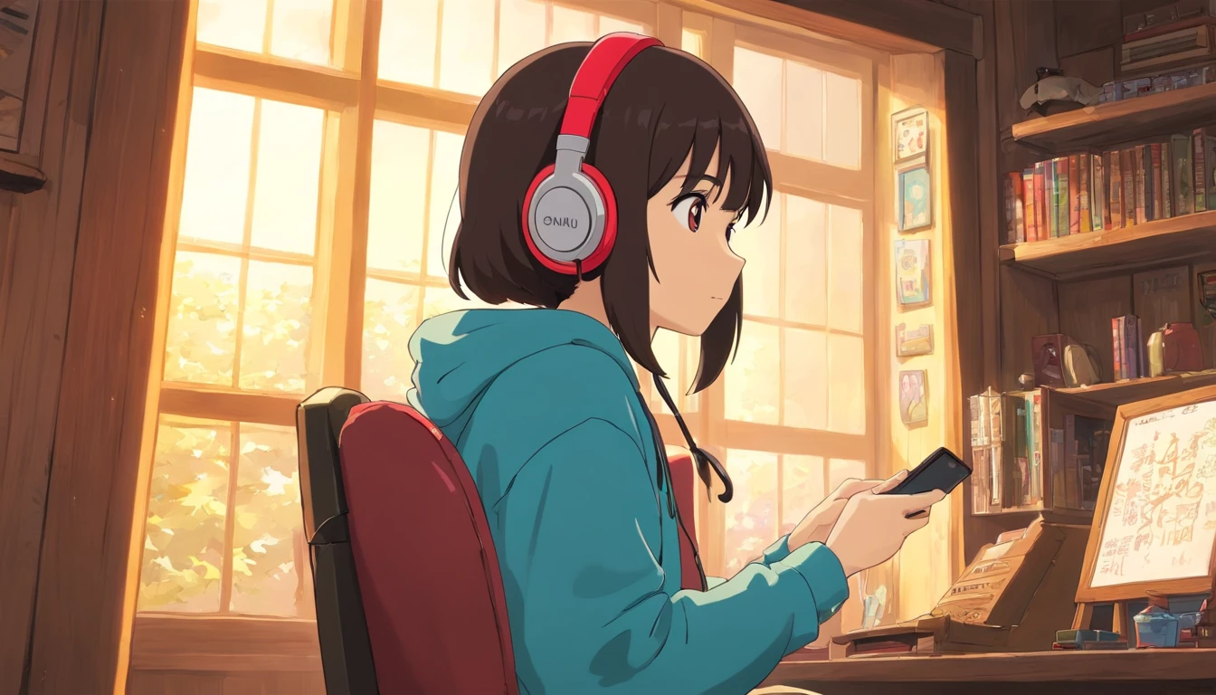 Wearing headphones An art style to be admired A delicate and beautiful style reminiscent of Ghibli anime Vibrant and attractive colors Screenshot-like imagery reminiscent of anime films A work of art to be admired Dark hair and brown eyes Holding a smartphone Wearing a hoodie Sitting in a chair by a window Profile view
