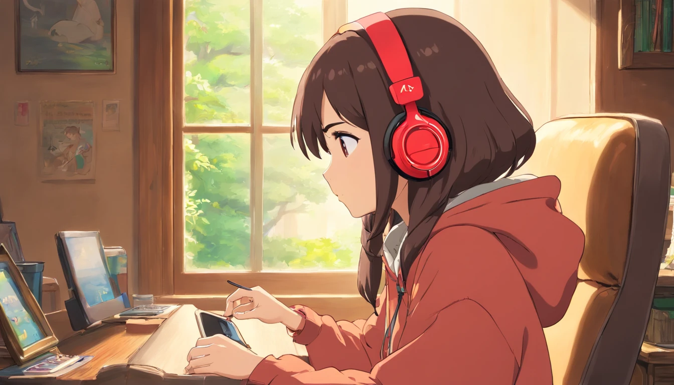 Wearing headphones An art style to be admired A delicate and beautiful style reminiscent of Ghibli anime Vibrant and attractive colors Screenshot-like imagery reminiscent of anime films A work of art to be admired Dark hair and brown eyes Holding a smartphone Wearing a hoodie Sitting in a chair by a window Profile view