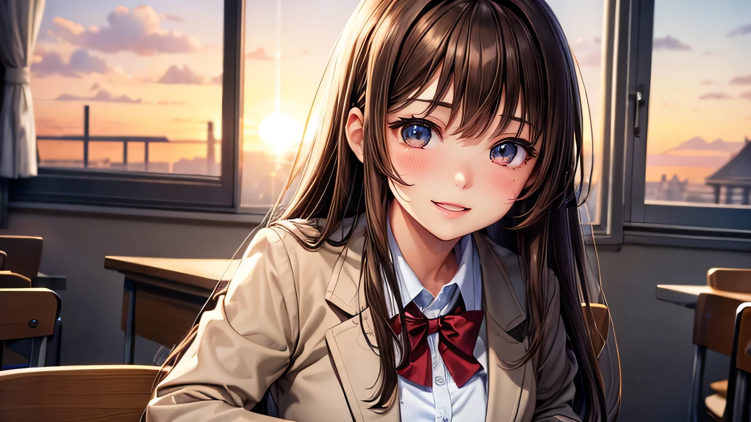 highest quality、Upper Body、Highest quality、Detailed facial expressions、high school girl、((One beautiful woman、alone))、((Brown haired woman:1.3))、Beautiful light brown hair、Beautiful straight long hair、Busty women、((blazer:1.2))、Dark Blue Skirt、Big smile、At dusk、classroom、Beautiful sunset、Beautiful and detailed eye depiction、Beautiful and detailed hair、Beautiful and detailed facial expressions、