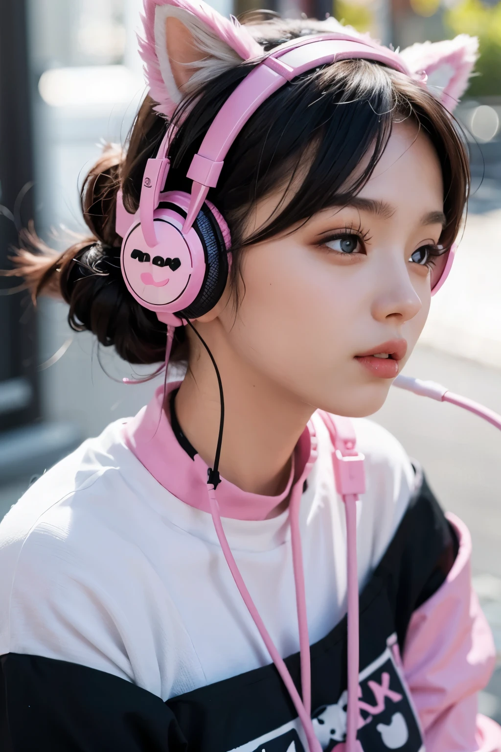 Cute e-girl wearing kitty headphones blowing kisses