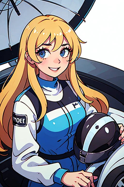 Female racing driver、Racing Suits、long hair、smile、sports car、
