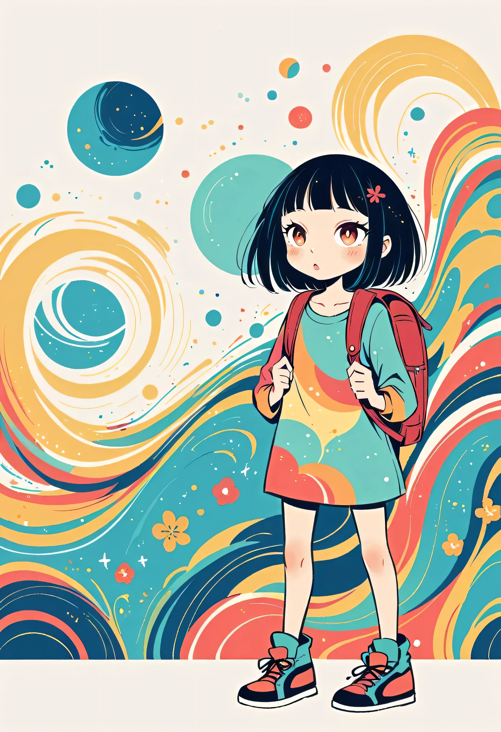 itabamoe style, Standing in front of a high wall,Girl with backpack on rooftop,My backpack is full of happy spring,Simple Line Initialism,Abstract art,Urban Background, (((The most beautiful girl))), Lips in Love
