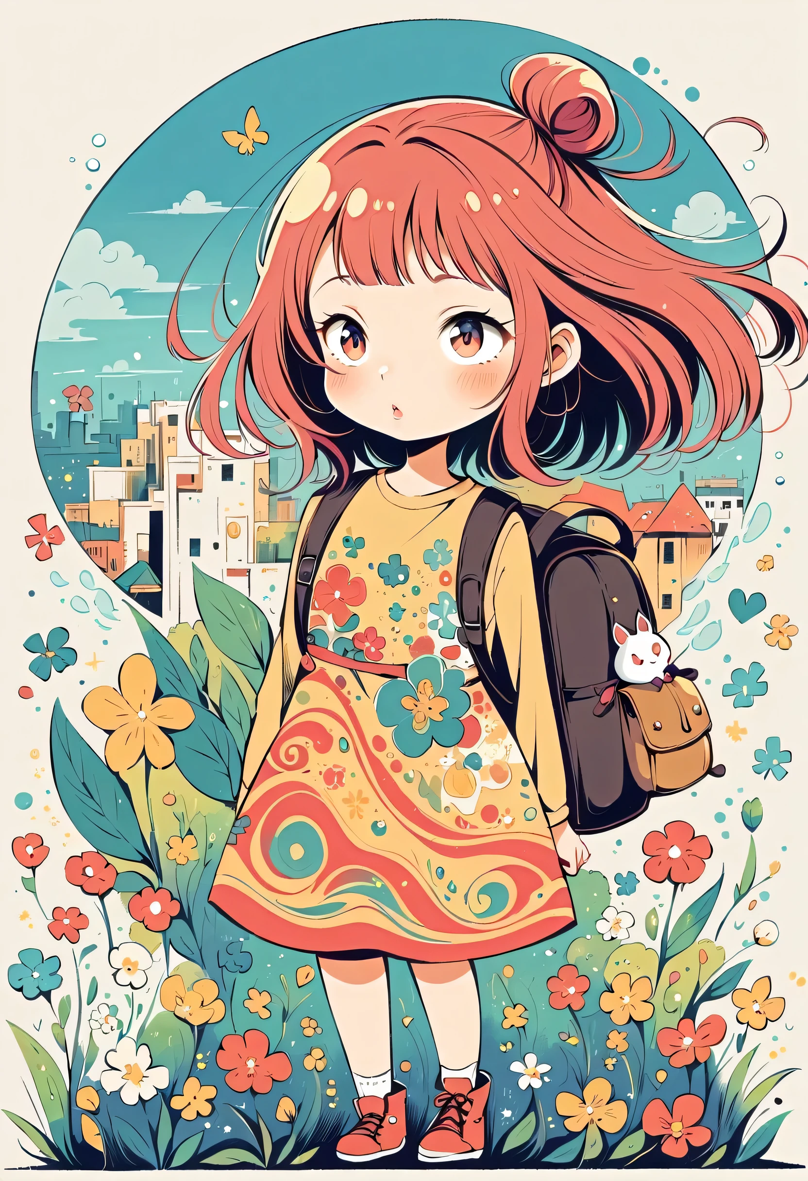 itabamoe style, Standing in front of a high wall,Girl with backpack on rooftop,My backpack is full of happy spring,Simple Line Initialism,Abstract art,Urban Background, (((The most beautiful girl))), Lips in Love