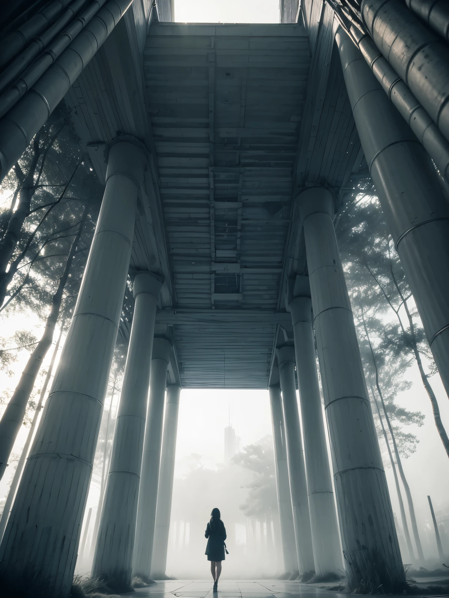 Low-angle perspective DSLR photo of an extremely vast infinitely high minimalist brutalist gigantic infinite bamboo forest, dazzling height and width dimensions, vertigo angle, a gorgeous European woman. Age 23. She’s a playmate. She walks on the wall. seems tiny compared to the colossal size of the bamboos in the style of skyscraper brutalism architecture, aerial view, realistic hyper-detail, dramatic lighting and ominous soft shadows, godrays and mist, Cinestill 50D.misty. Smog. Grey hues.