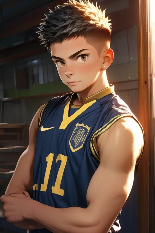 soccer uniform, 18 years old, sleeveless, ground, Short spiked hair, crew cut hair, muscular, Young, Asian, Japanese role-playing game style, 