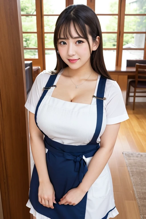 JPNIDOL, 1girl in, masutepiece, High quality, Looking at Viewer,bbw、huge-breasted、entranceway、Wearing an apron、meeting、house wife、mami