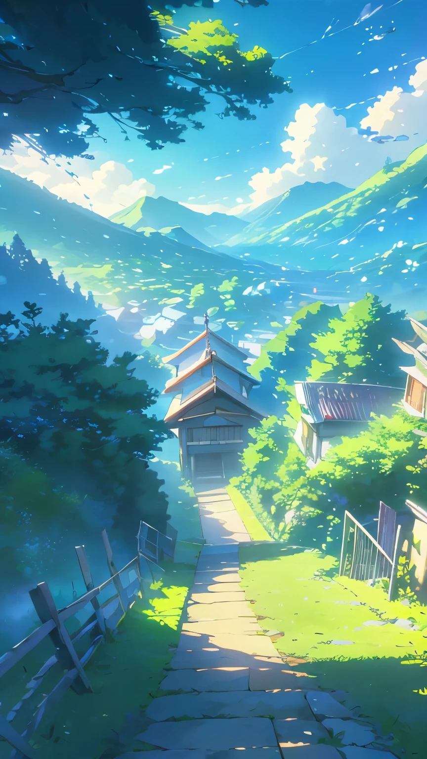 Prompt:
Create an anime-inspired landscape featuring a serene mountain scene with a vibrant blue sky filled with fluffy, towering clouds. In the foreground, include lush green trees and foliage, leading the viewer's eye towards a tranquil river that winds through a picturesque city nestled between mountains. The city should have detailed architecture with bridges and buildings visible in the distance. The overall atmosphere should be peaceful and bright, capturing the essence of a calm, sunny day in a beautifully detailed, idyllic setting.