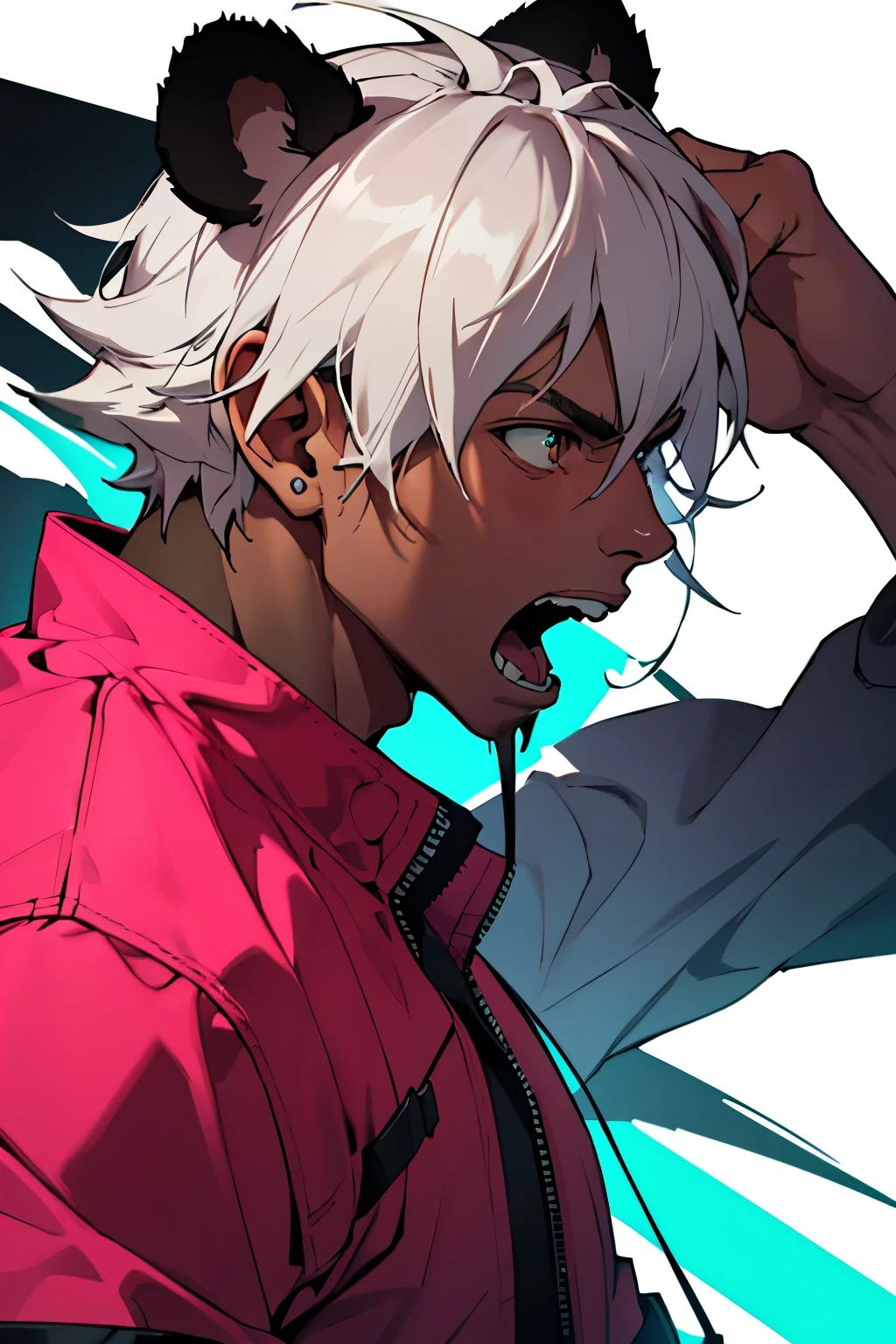 4k quality, HDR+, guy, dude, male face, tanned skin, brown face, 25 yr old man with panda ears, short/medium white hair, masculine, 2d scared screaming face with eyes popping out, but make it more terrified, male, guy, dude with panda ears, digusted, ew emotion, disgusting emotion on face, grossed out emotion, full profile, full face, wearing pink and teal clothing