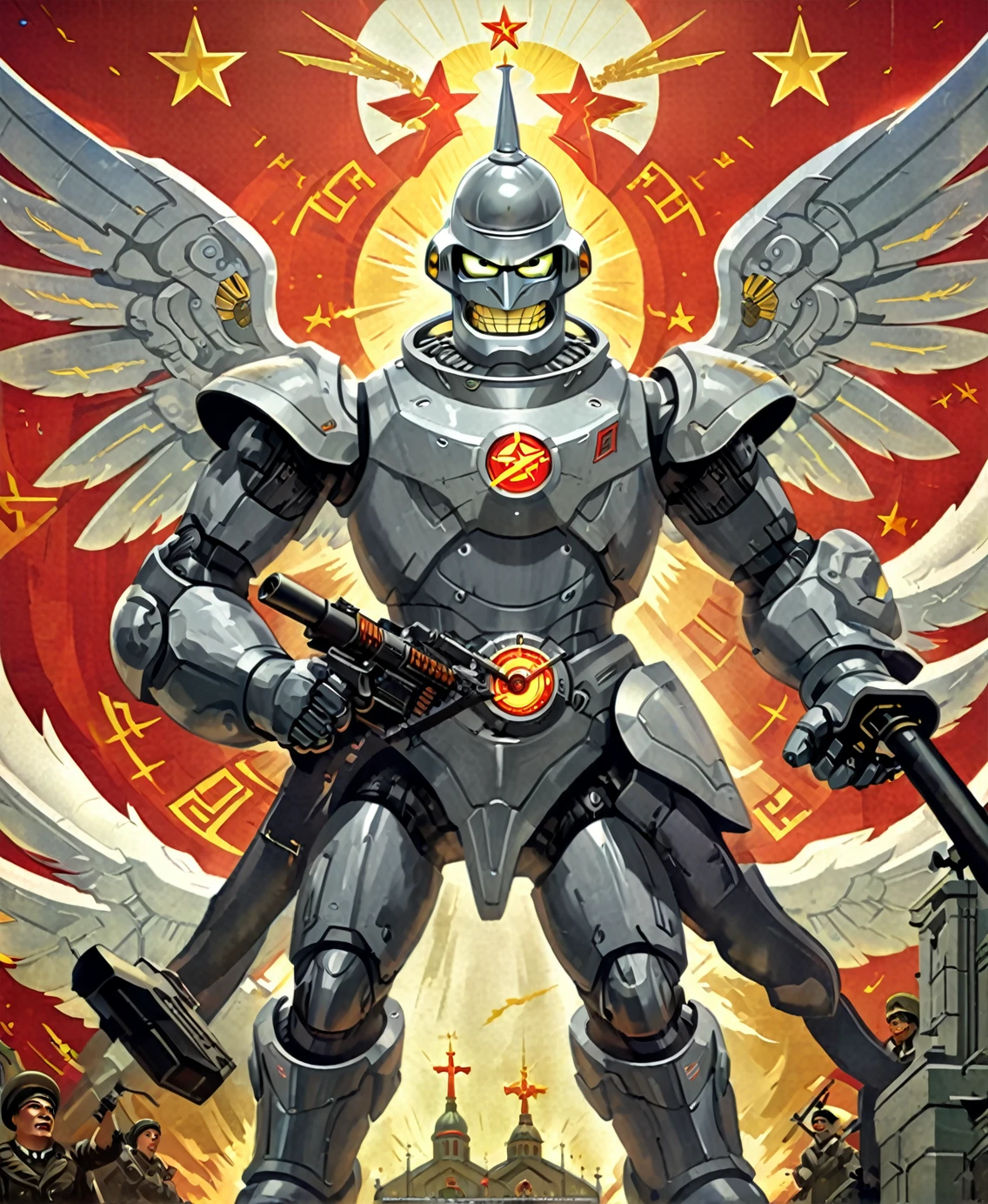 Bender Tranform Mega Machine Mecha holding Machine Gun on Church, Bigger Extra Angel Wings, Soviet Hat, Big Muscle, Angry and Happy, Soviet poster, Style of Futurama 