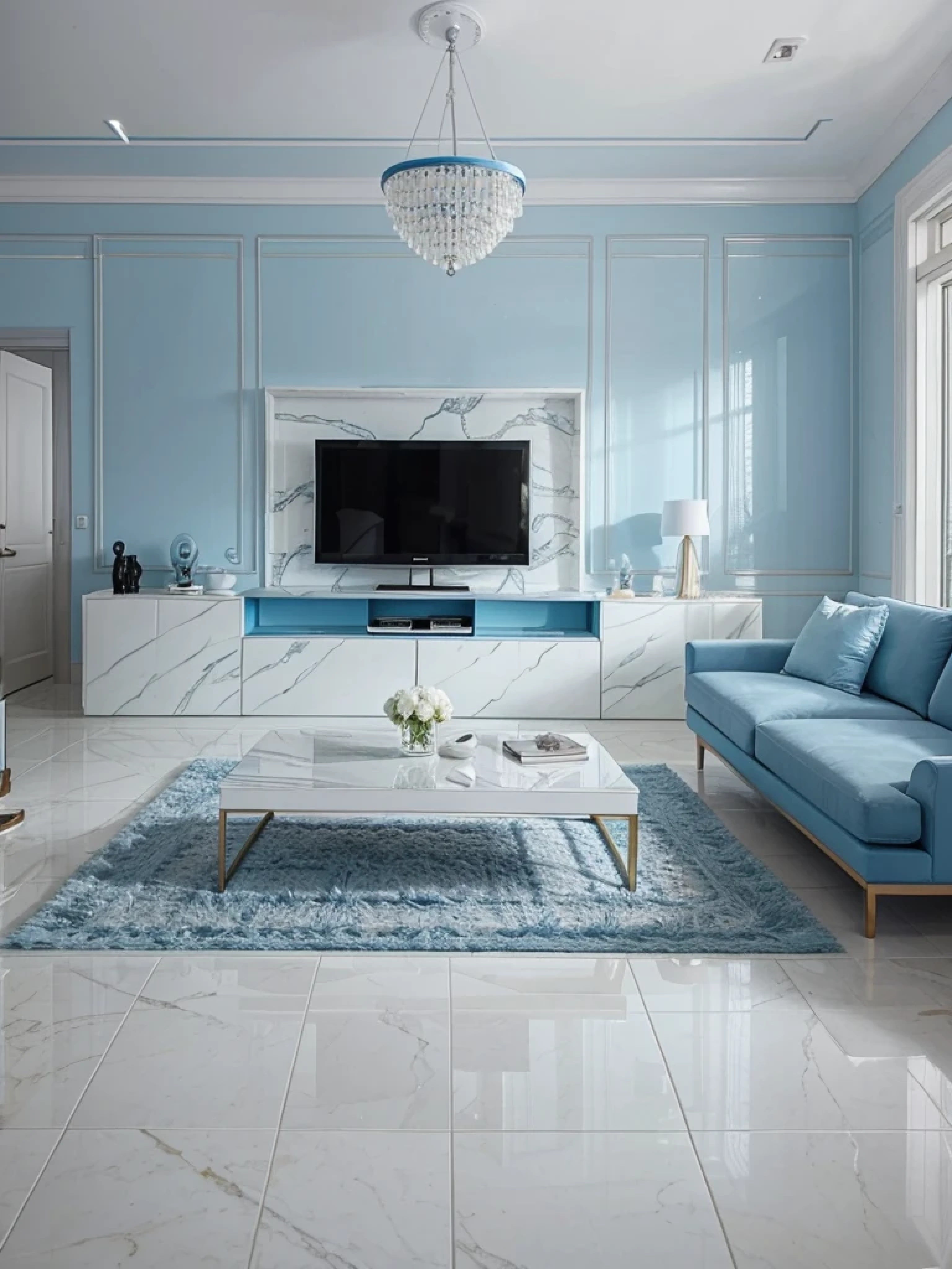 arafed living room with blue couches and a tv, popular interior design style, soft blue living room, sky blue and white color scheme, modern living room, living room interior design, interior design living room, marble room, blue accents, blue and white color scheme, white and blue color scheme, modern style, blue and white color scheme, interior design, loose tiles