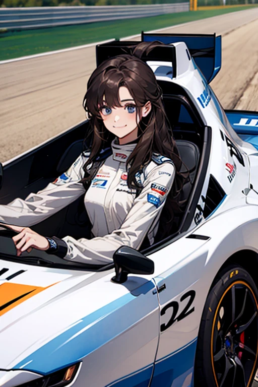 Female racing driver、Racing Suits、long hair、smile、sports car、