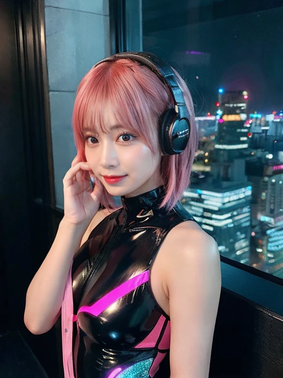 最high quality, masterpiece, 32k、Very detailed、Realistic、1 girl, Japanese women、Cute Face, (photo Actual:1.3),Bob Hair(red pink hair color、Pink Hairstyle)、Edge lighting, (Skin with attention to detail:1.2), 8k超High resolution, Single-lens reflex camera, high quality, High resolution, 4K, 8k, Optimal ratio of four fingers to one thumb, (Actual:1.3), cute 1 girl, Realistic、Super Realistic、32k、Very detailed、masterpiece, 最high quality, beautiful girl, beauty、Mecha, Beautiful lighting, (Neon Light:1.2), (night:1.5), leotard、upscale、Cyberpunk Costume、Big Breasts(big 、There is a valley)Cat ear headphones、Are standing、Cyber Neon、Future City、Skyscraper、City night、Shanghai、big cities、night scene、Beautiful night scene