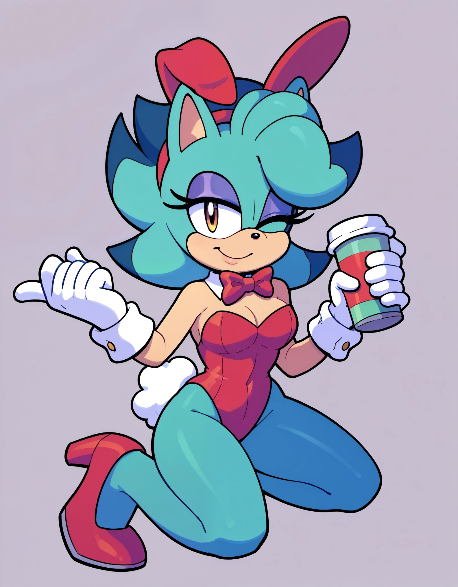 score_9, score_8_up, score_7_up, score_6_up, masterpiece, best quality, Breezie the hedgehog, 1girl, solo, looking at viewer, smile, simple background, gloves, bow, holding, bare shoulders, closed mouth, tail, full body, one eye closed, white gloves, bowtie, red bow, high heels, leotard, cup, bare legs, rabbit girl, kneeling, strapless, makeup, , highleg, playboy bunny, happy, red footwear, rabbit tail, red bowtie, furry, highleg leotard, eyeshadow, strapless leotard, hedgehog ears, animal nose, purple eyes, animal ears, furry female, sonic the hedgehog \(series\), teal, indigo hair