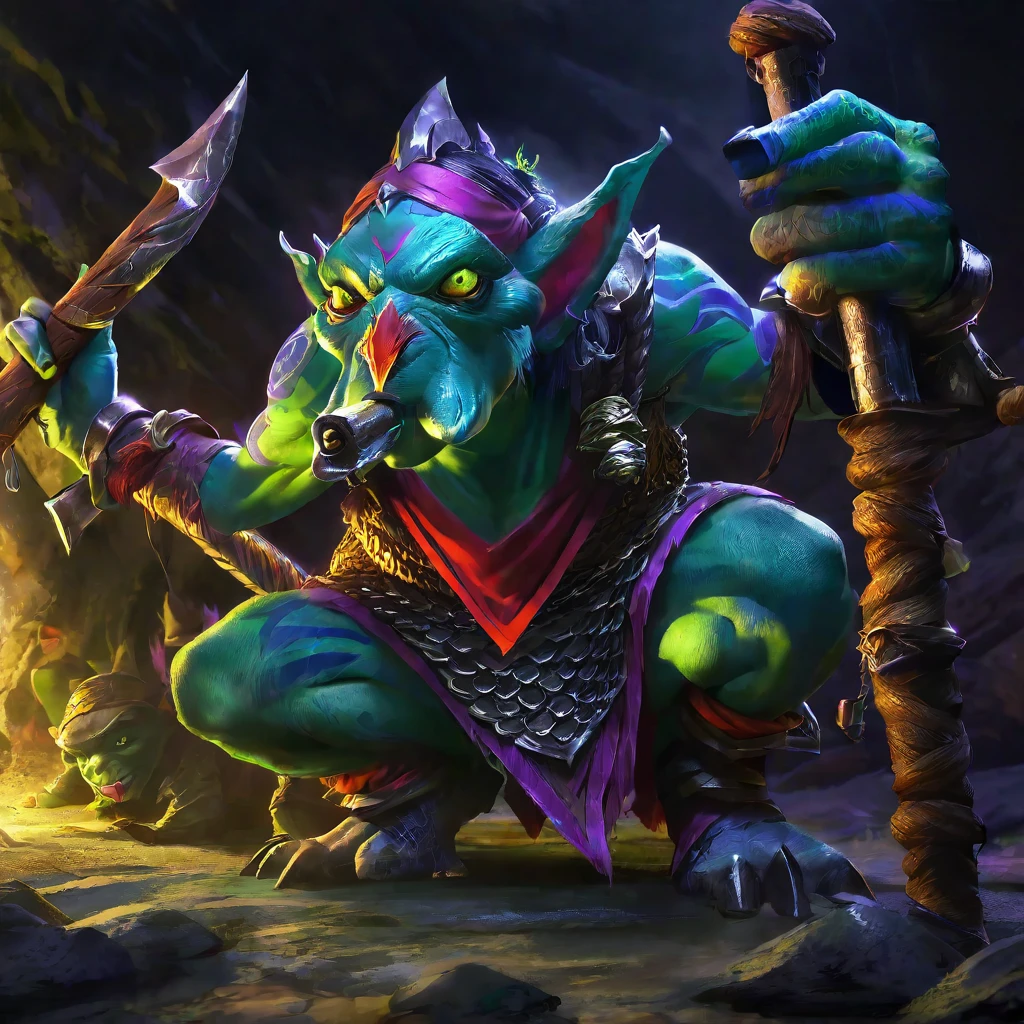 A squat green goblin shaman, detailed chainmail armor, beady eyes, big nose, evil tattoos, carrying a herding stick, a confused colorful toad as big as the goblin, in a cave, (best quality,4k,8k,highres,masterpiece:1.2),ultra-detailed,(realistic,photorealistic,photo-realistic:1.37),fantasy,digital painting,concept art,intricate details,vivid colors,dramatic lighting
